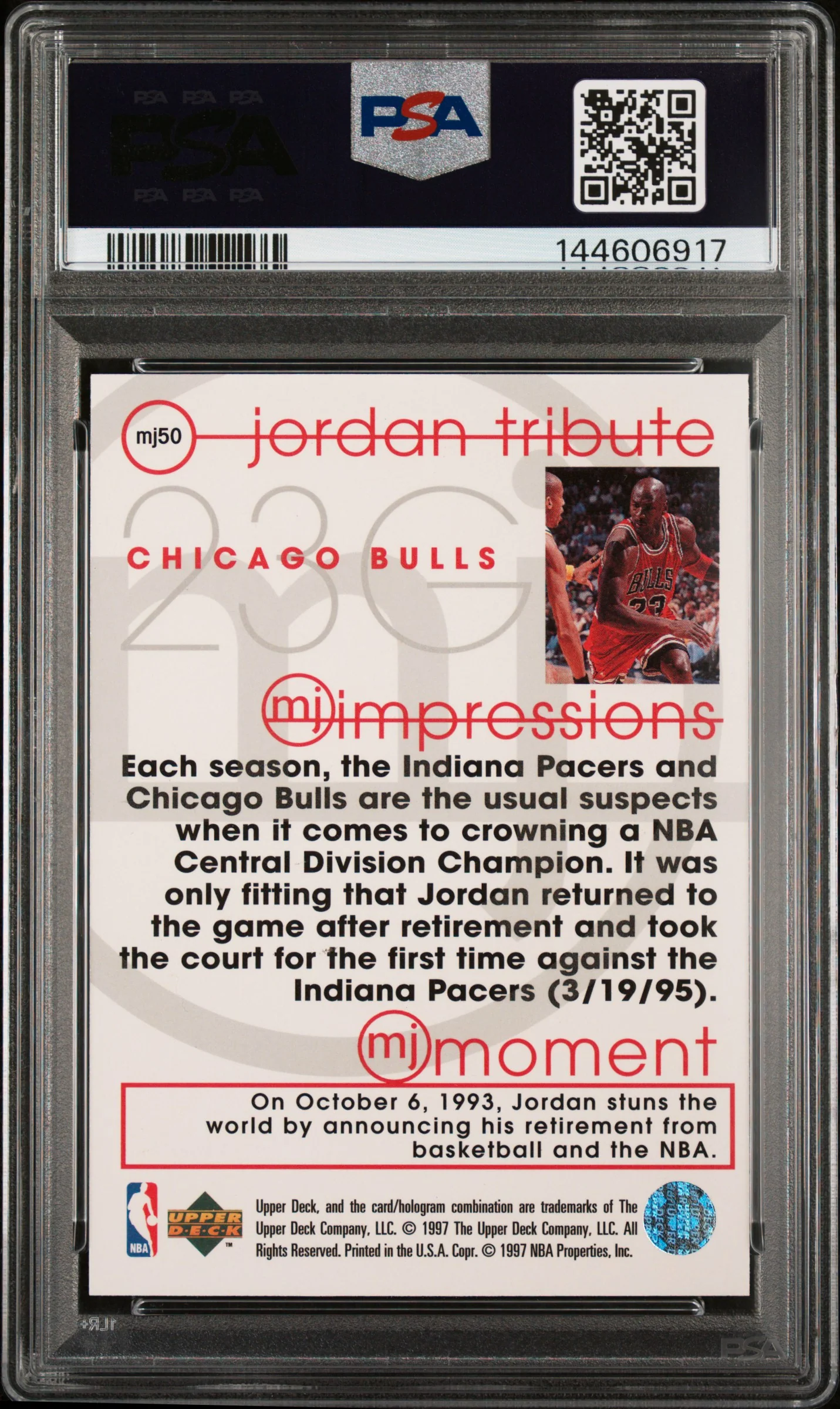 Michael Jordan 1996 Upper Deck Jordan Tribute MJ Impressions Chicago Bulls Basketball Card #MJ50 Graded PSA 9 Cert #144606917 - Image 2