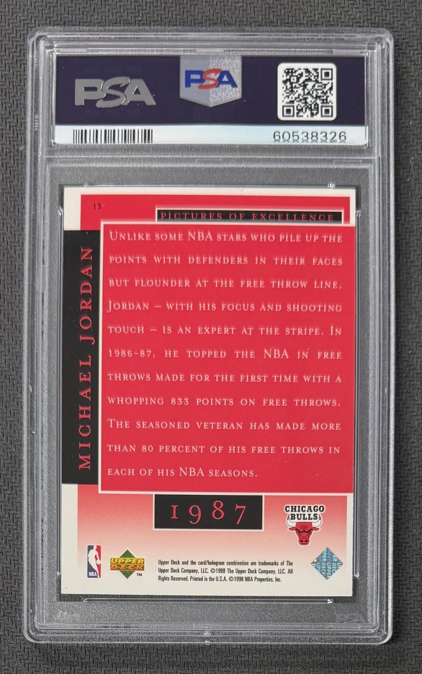 Michael Jordan 1998 Upper Deck MJ Career Collection Pictures of Excellence Basketball Card #13 Graded PSA 9 Cert #60538326 - Image 2