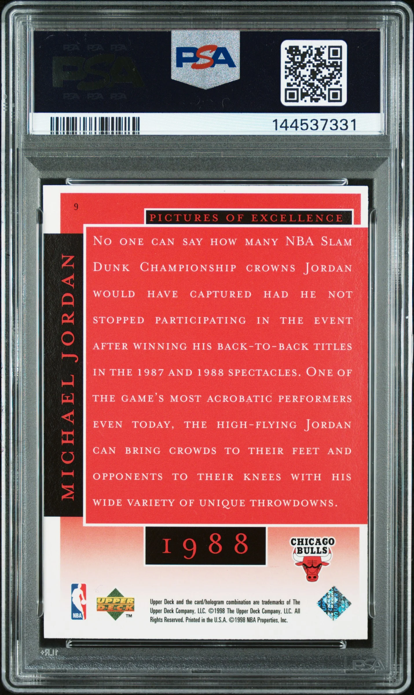 Michael Jordan 1998 Upper Deck MJ Career Collection Pictures of Excellence Chicago Bulls Basketball Card #9 Graded PSA 8 Cert #144537331 - Image 2