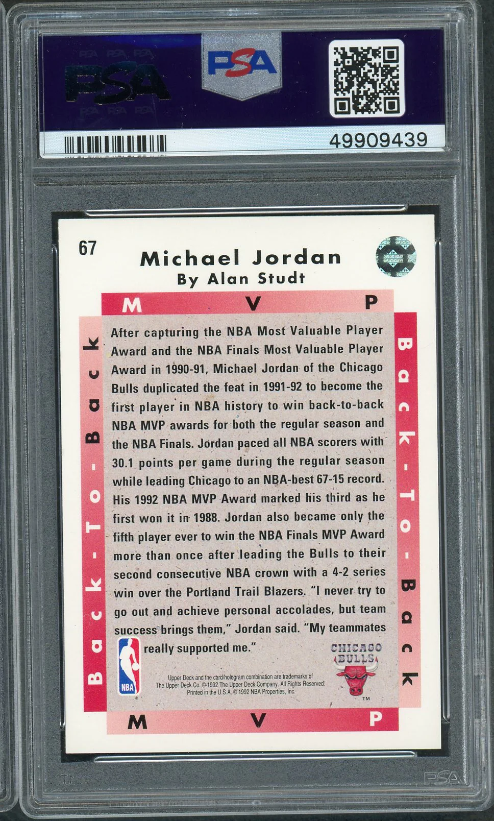 Michael Jordan 1992 Upper Deck MVP Basketball Card #67 Graded PSA 9 MINT - Image 2