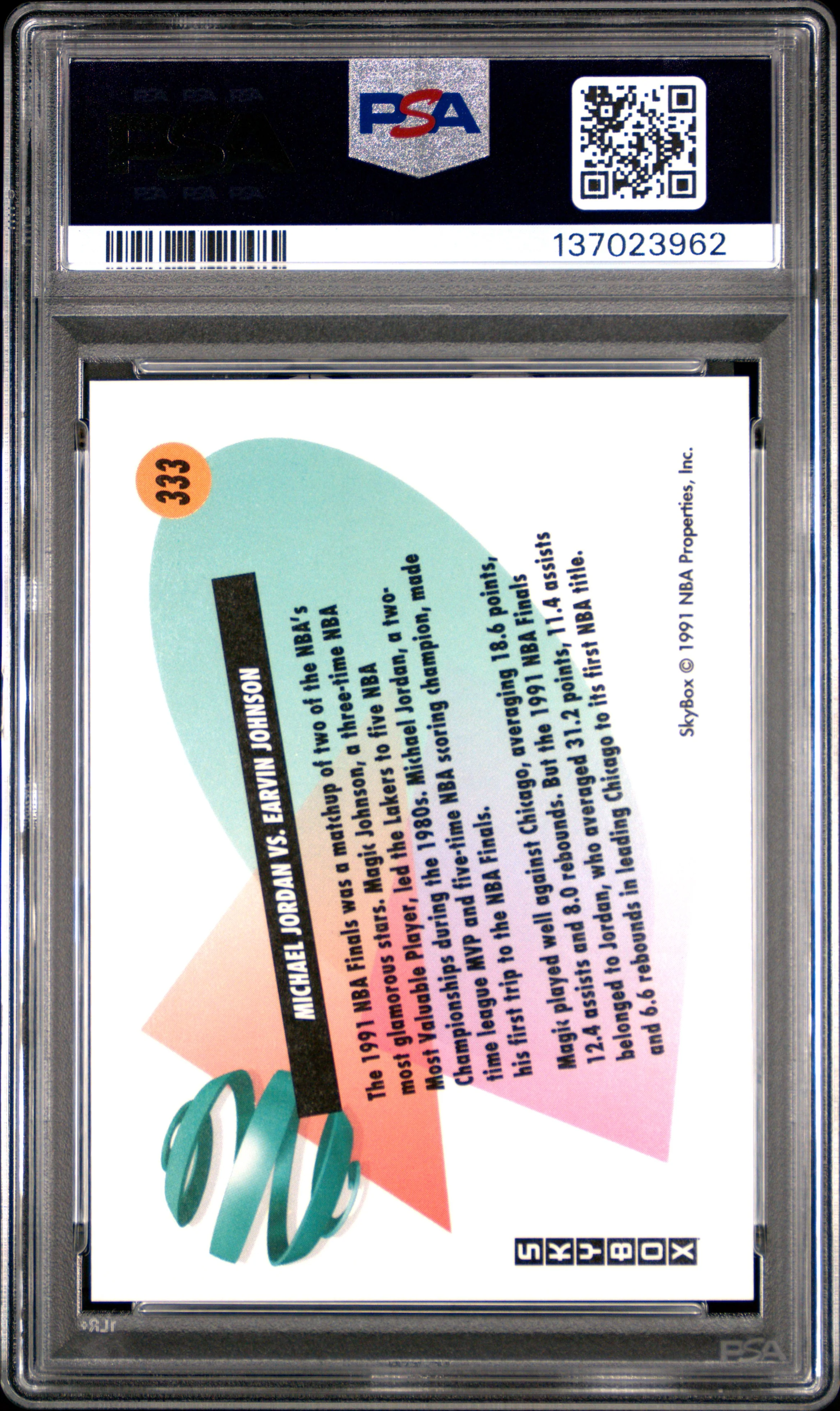 Michael Jordan vs Magic Johnson 1991 SkyBox Chicago Bulls Los Angeles Lakers Basketball Card #333 Graded PSA 9 Cert #137023962 - Image 2