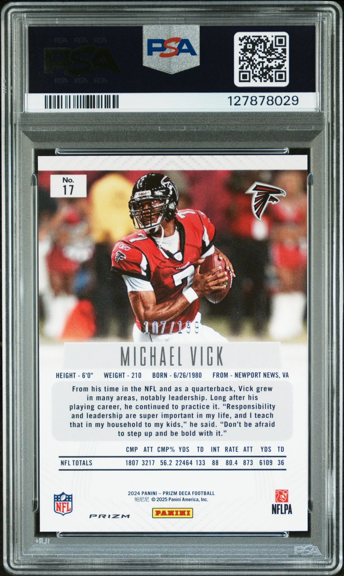 Michael Vick 2024 Prizm Deca Red Prizm Signed Football Card #17 Graded PSA 9 Auto 9 107/199 Cert #127878029 - Image 2
