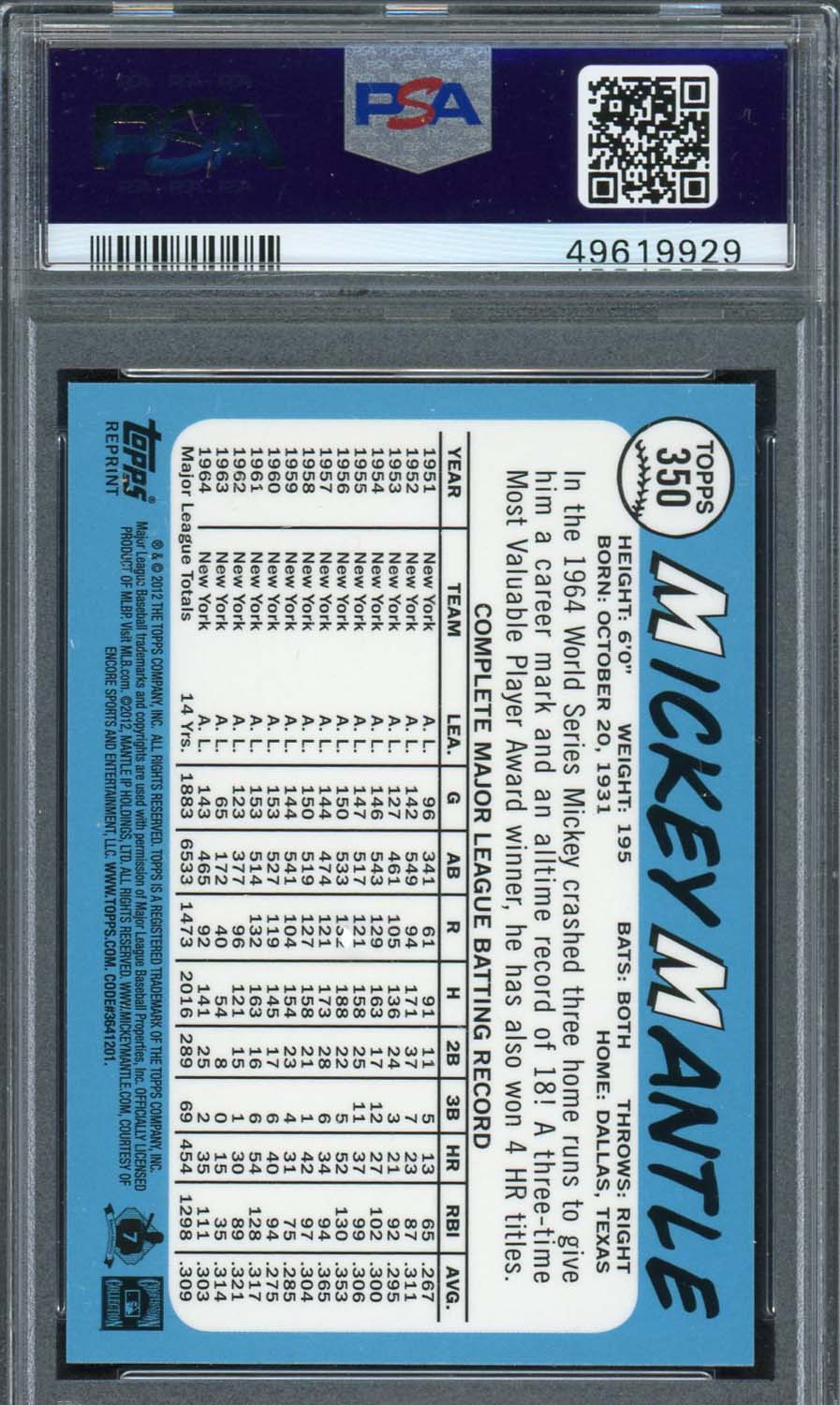 Mickey Mantle 2012 Topps 1965 Reprint Gold Refractor Baseball Card #350 Graded PSA 10 GEM MINT - Image 2