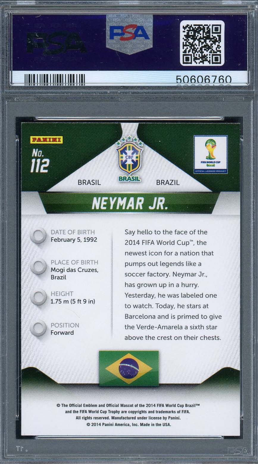 Neymar Jr 2014 Panini Prizm World Cup Card #112 PSA 9 - Image 2