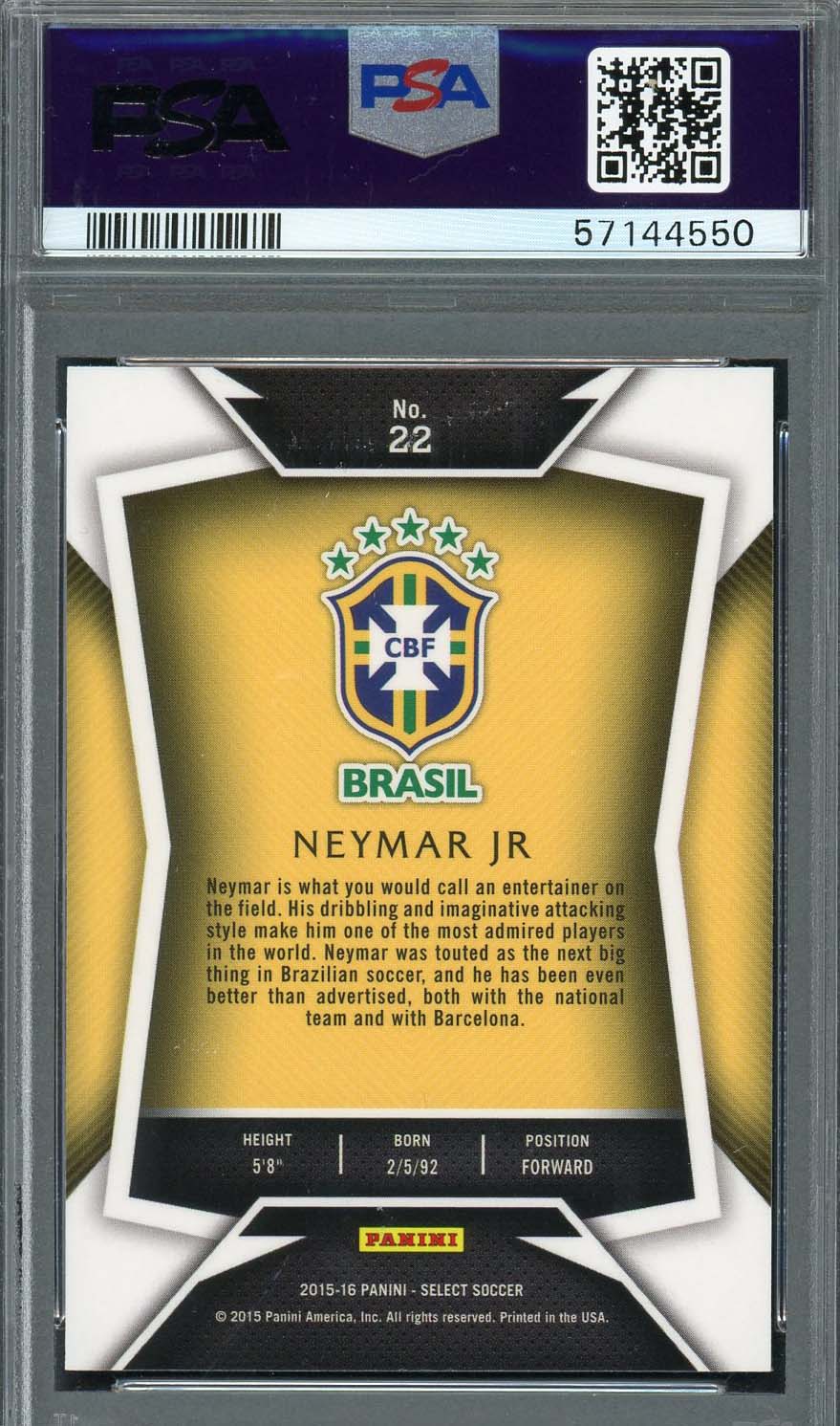 Neymar Jr 2015 Panini Select Yellow Jersey Soccer Card #22 Graded PSA 10 - Image 2