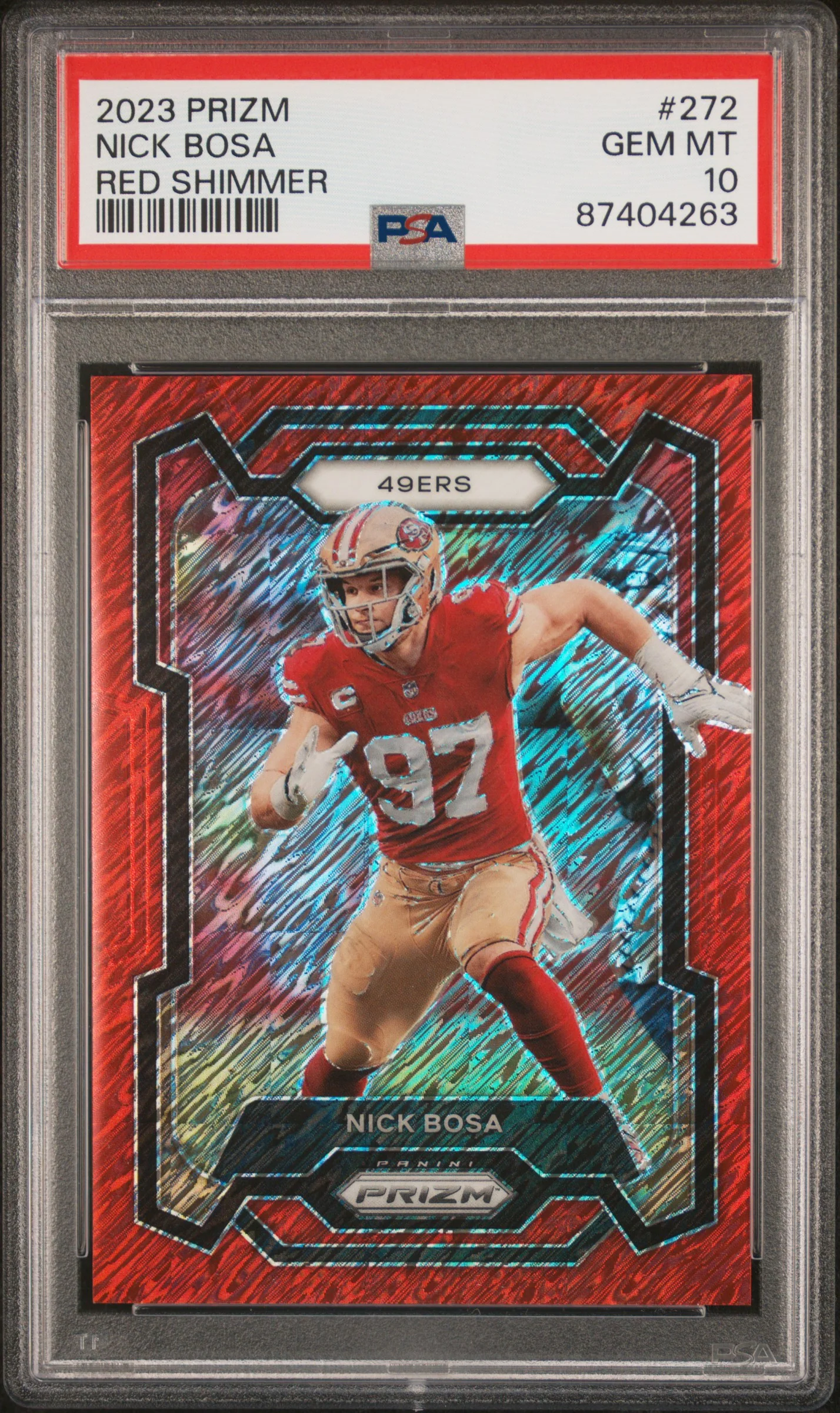 Nick Bosa 2023 Panini Prizm Red Shimmer Football Card #272 Graded PSA 10 18/35 Cert # 87404263