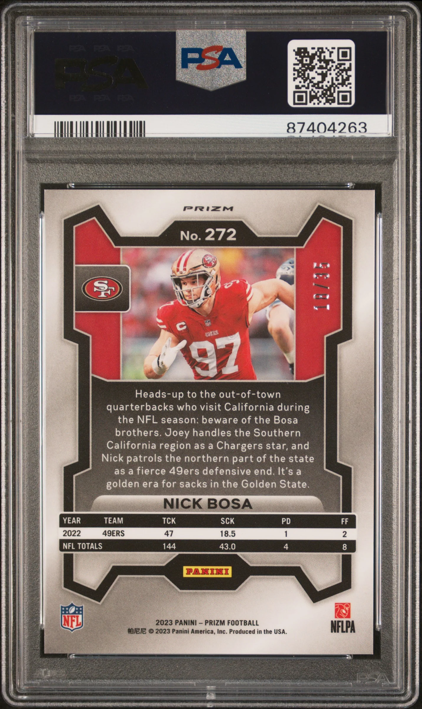 Nick Bosa 2023 Panini Prizm Red Shimmer Football Card #272 Graded PSA 10 18/35 Cert # 87404263 - Image 2