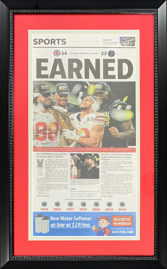 Ohio State Buckeyes 2024 National Championship Columbus Dispatch Framed Football Newspaper EARNED