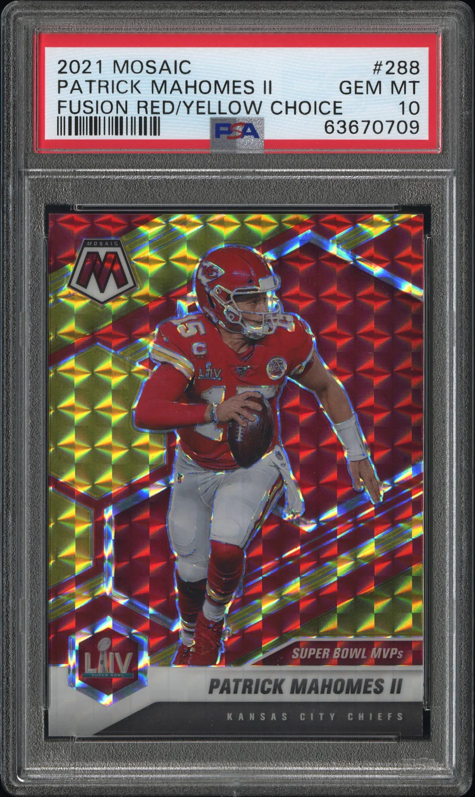 Patrick Mahomes II 2021 Mosaic Fusion Red Yellow Choice Super Bowl MVPs Kansas City Chiefs Football Card #288 Graded PSA 10 Cert #63670709 64/80