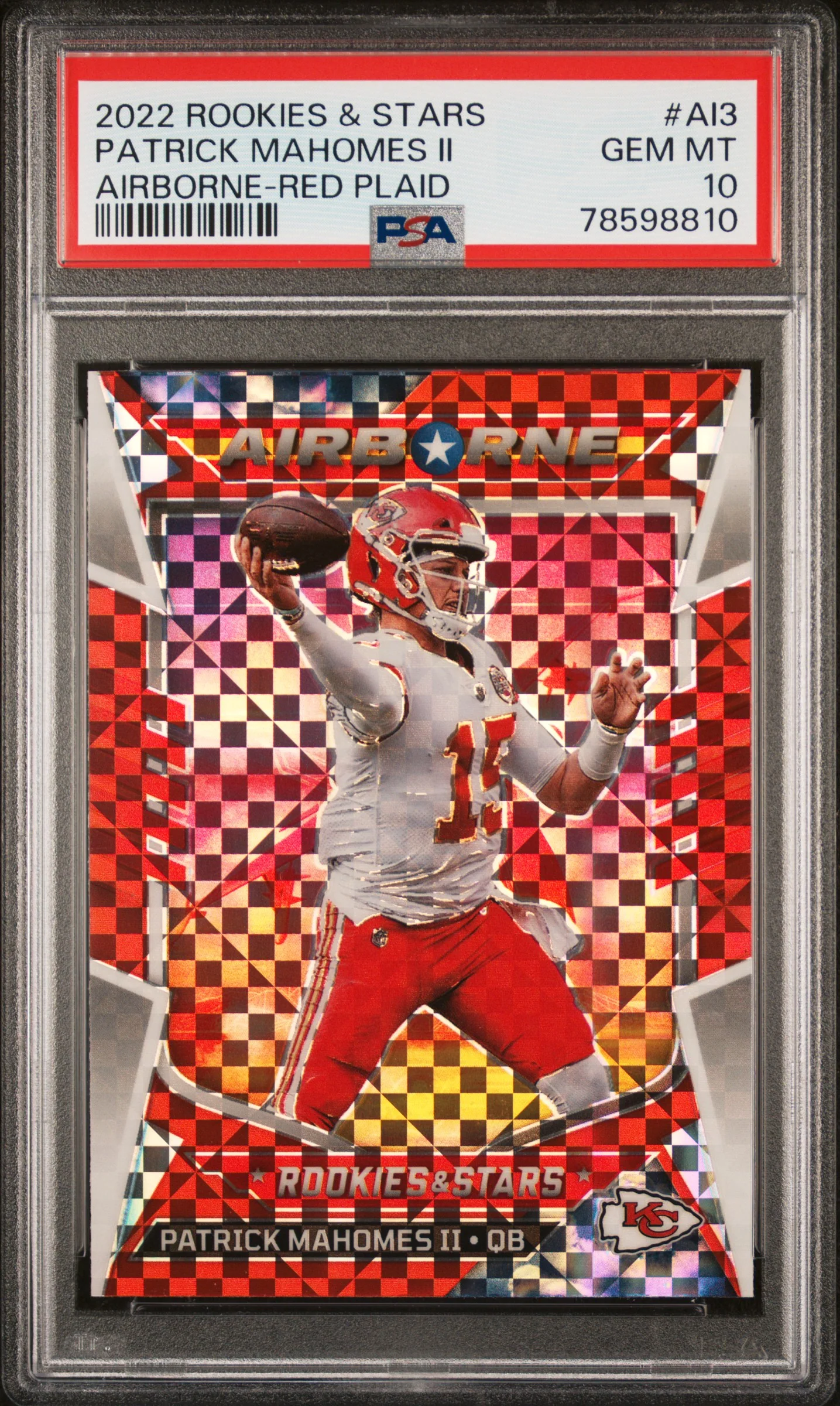 Patrick Mahomes II 2022 Panini Rookies & Stars Airborne Red Plaid Kansas City Chiefs Football Card #AI3 Graded PSA 10 Cert #78598810