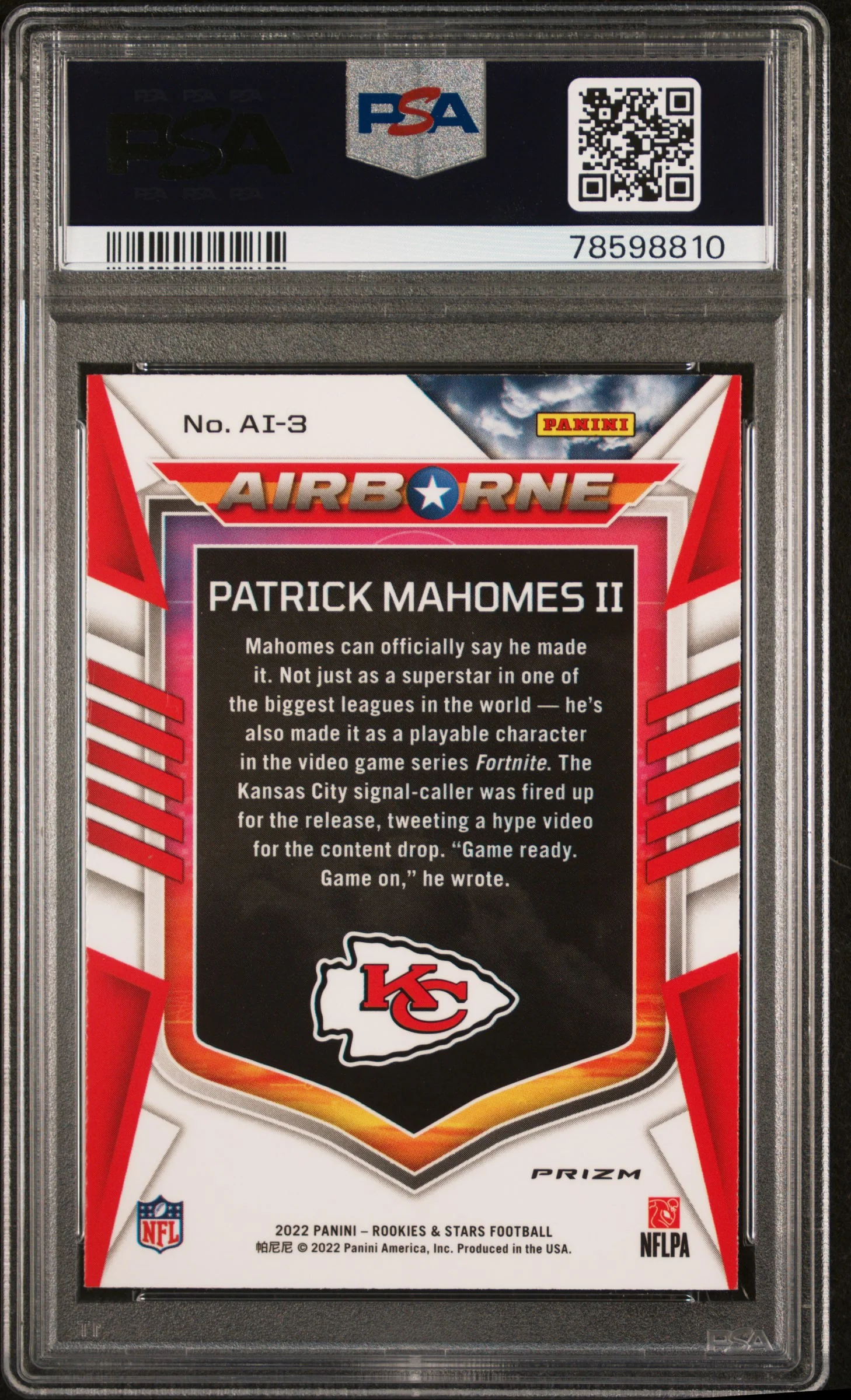 Patrick Mahomes II 2022 Panini Rookies & Stars Airborne Red Plaid Kansas City Chiefs Football Card #AI3 Graded PSA 10 Cert #78598810 - Image 2