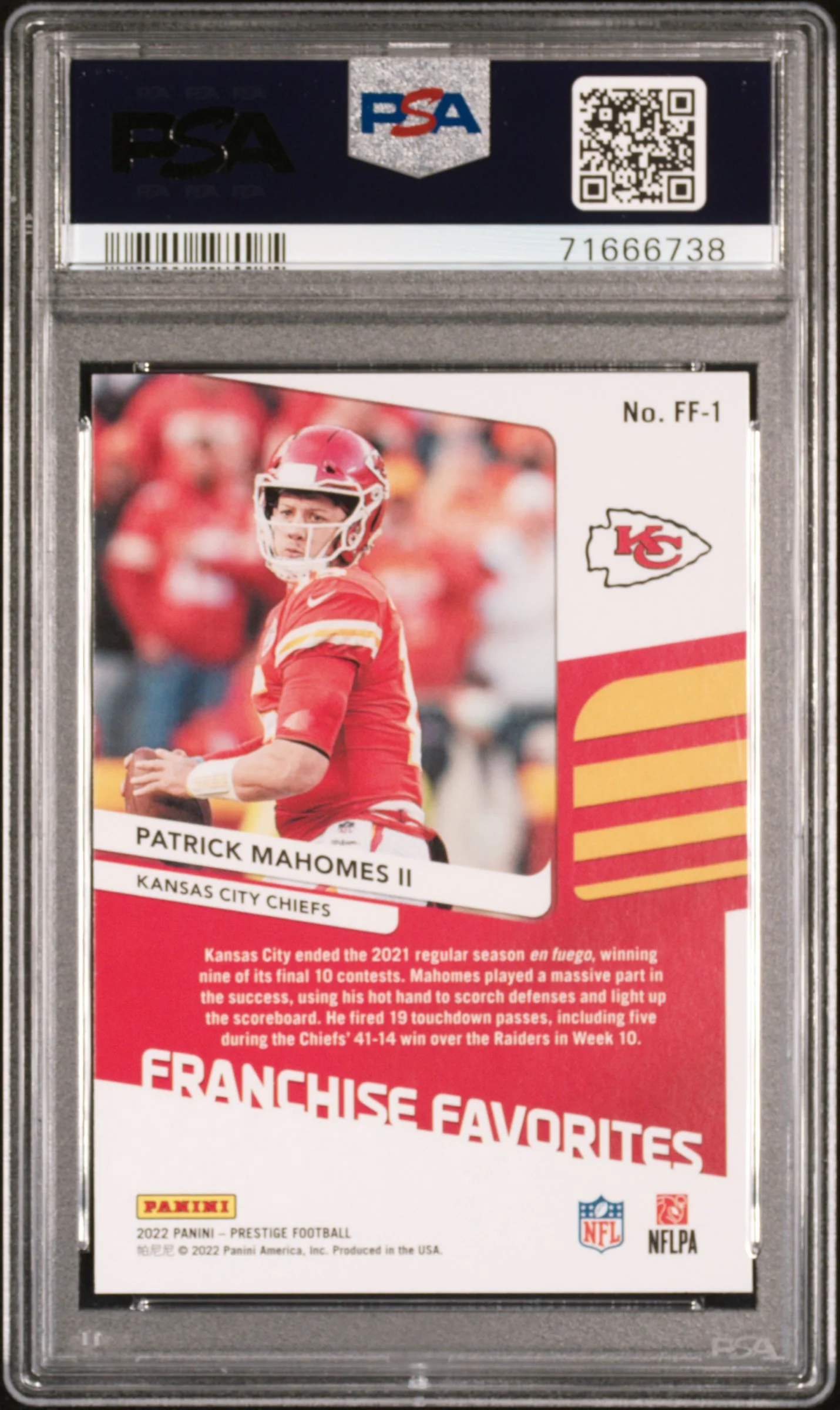 Patrick Mahomes II 2022 Prestige Franchise Favorites Football Card #FF1 Graded PSA 10 Cert #71666738 - Image 2