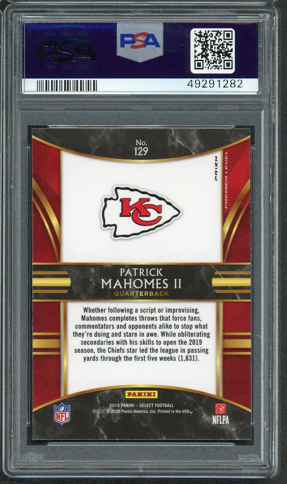 Patrick Mahomes 2019 Panini Select Silver Prizm Football Card #129 Graded PSA 10 GEM MINT - Image 2