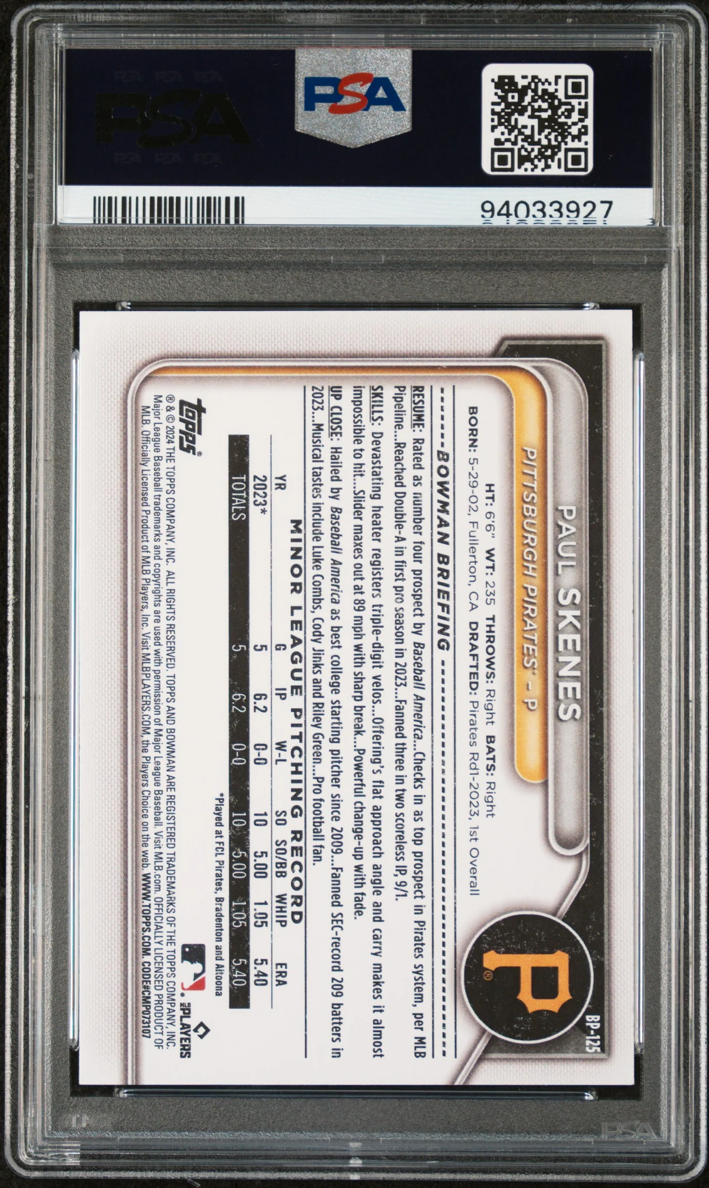 Paul Skenes 2024 Bowman Pittsburgh Pirates Baseball Paper Prospects Rookie Card #BP125 Graded PSA 9 Cert #94033927 - Image 2