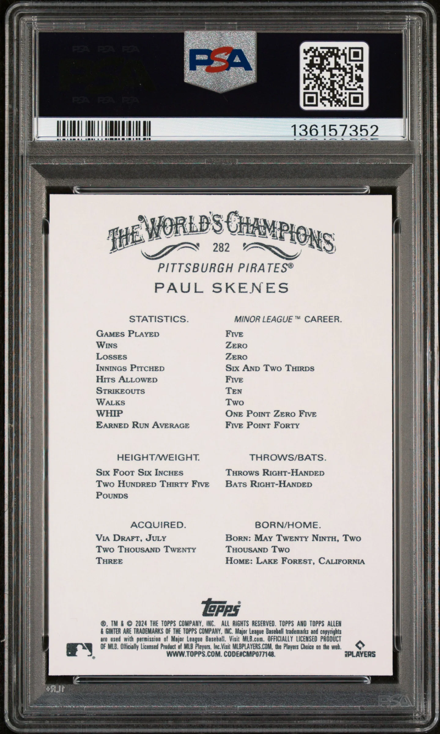 Paul Skenes 2024 Topps Allen & Ginter Baseball Rookie Card #282 Graded PSA 10 Cert #136157352 - Image 2