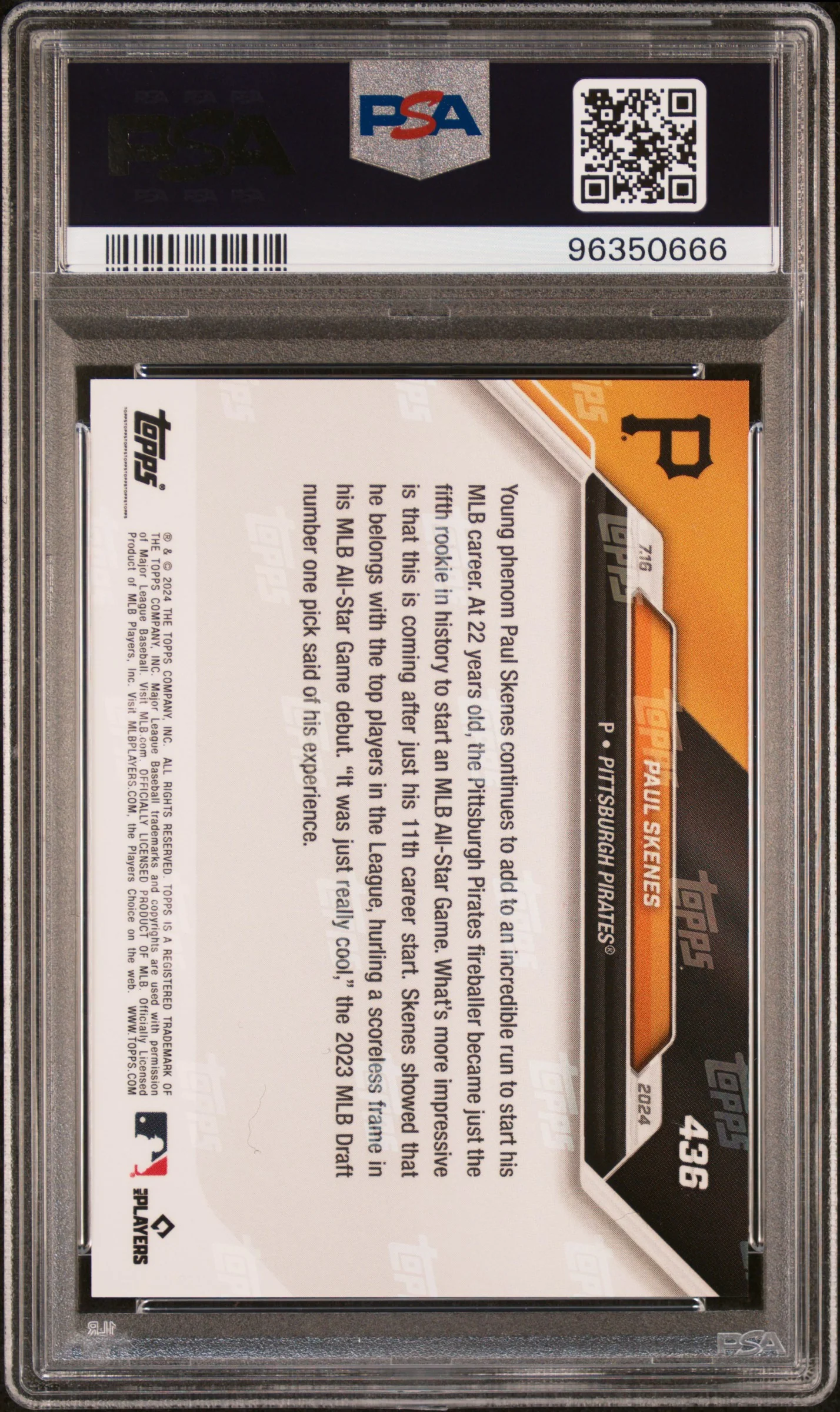Paul Skenes 2024 Topps Now 1st All Star Game Rookie Card #436 Graded PSA 10 - Image 2