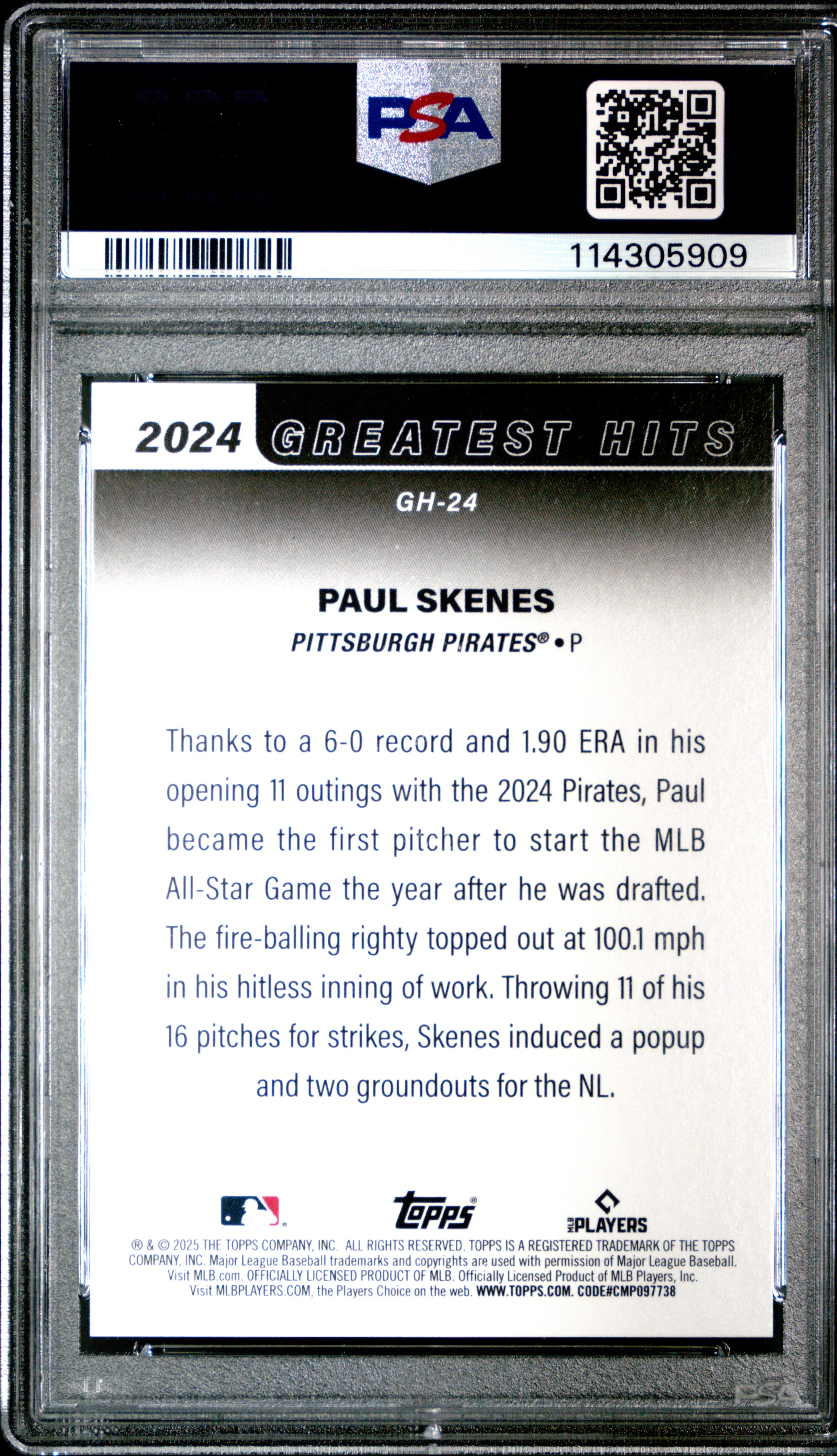 Paul Skenes 2025 Topps Greatest Hits Lowest ERA Baseball Card #GH24 Graded PSA 10 Cert #114305909 - Image 2