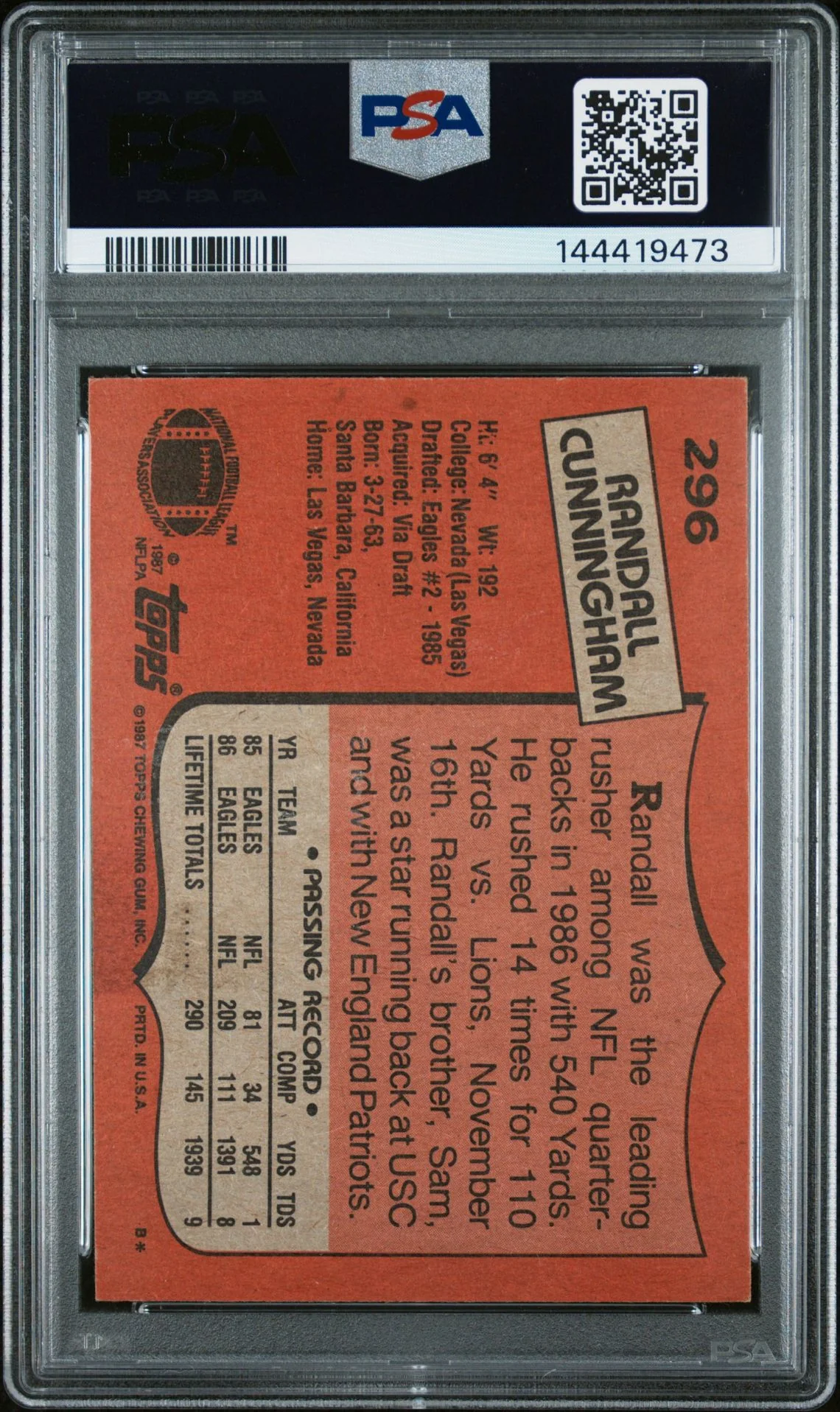 Randall Cunningham 1987 Topps Philadelphia Eagles Signed Football RC Rookie Card #296 Graded PSA 5 Auto 10 Cert #144419473 - Image 2