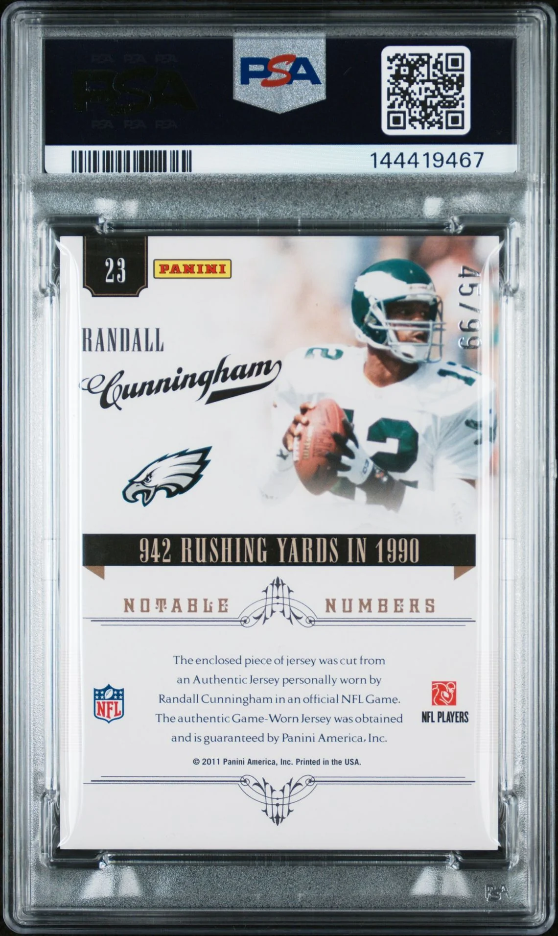 Randall Cunningham 2010 Playoff National Treasures Notable Numbers Materials Philadelphia Eagles Signed Football Jersey Game Worn Card #23 Graded PSA 10 Auto 10 Serial 45/99 Cert #144419467 - Image 2