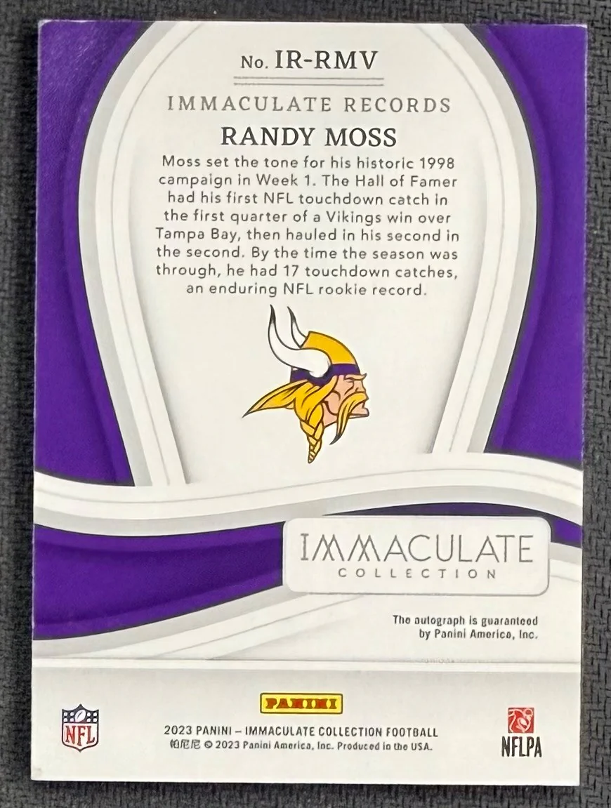 Randy Moss 2023 Panini Immaculate Records Signed Football Card #IRRMV Auto 12/25 - Image 2