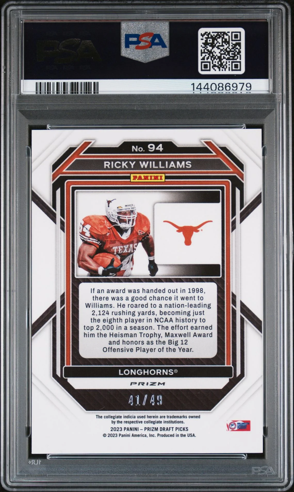 Ricky Williams 2023 Panini Prizm Draft Picks Texas Longhorns Signed Football Card #94 Gold Flash Authentic Auto Graded PSA 9 Cert #144086979 41/49 - Image 2