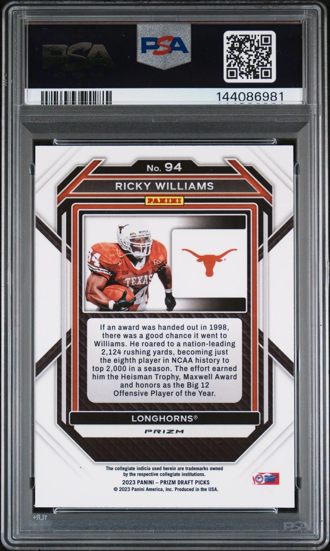 Ricky Williams 2023 Panini Prizm Draft Picks Texas Longhorns Signed Football Card #94 Gold Ice Authentic Auto Graded PSA 8 Cert #144086981 - Image 2