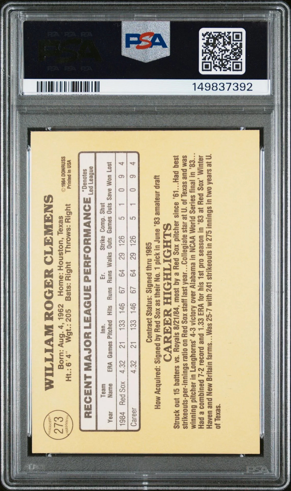Roger Clemens 1985 Donruss Boston Red Sox Signed Baseball RC Rookie Card #273 Graded PSA Authentic Auto 10 Cert #149837392 - Image 2