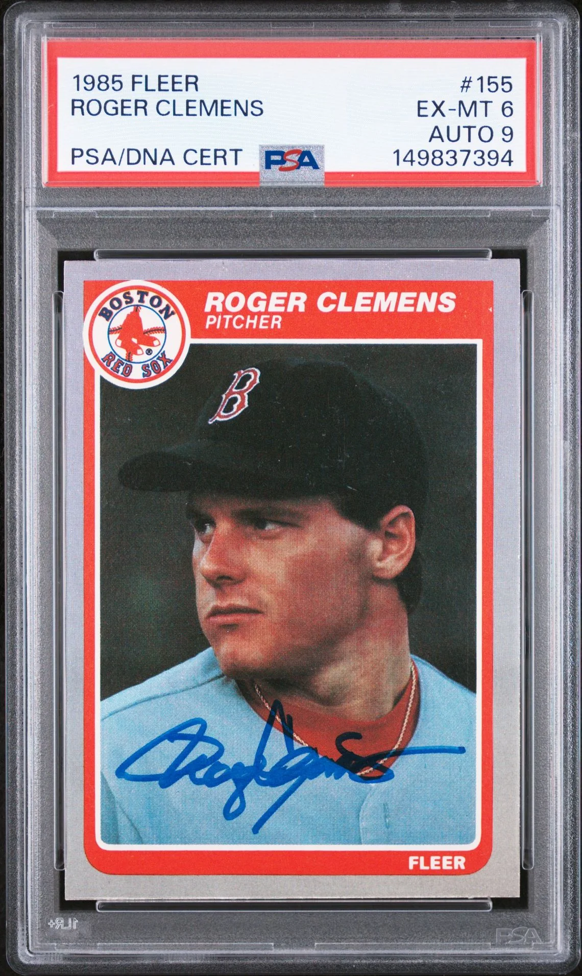 Roger Clemens 1985 Fleer Boston Red Sox Signed Baseball RC Rookie Card #155 Graded PSA 6 Auto 9 Cert #149837394