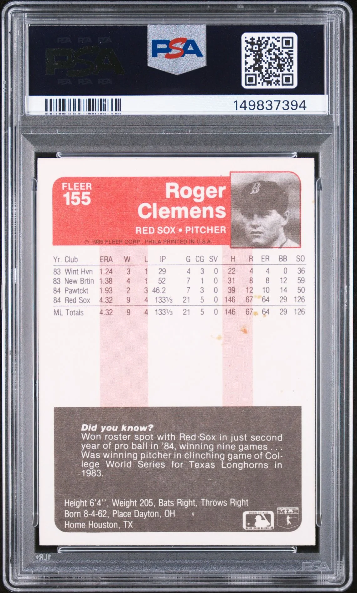 Roger Clemens 1985 Fleer Boston Red Sox Signed Baseball RC Rookie Card #155 Graded PSA 6 Auto 9 Cert #149837394 - Image 2