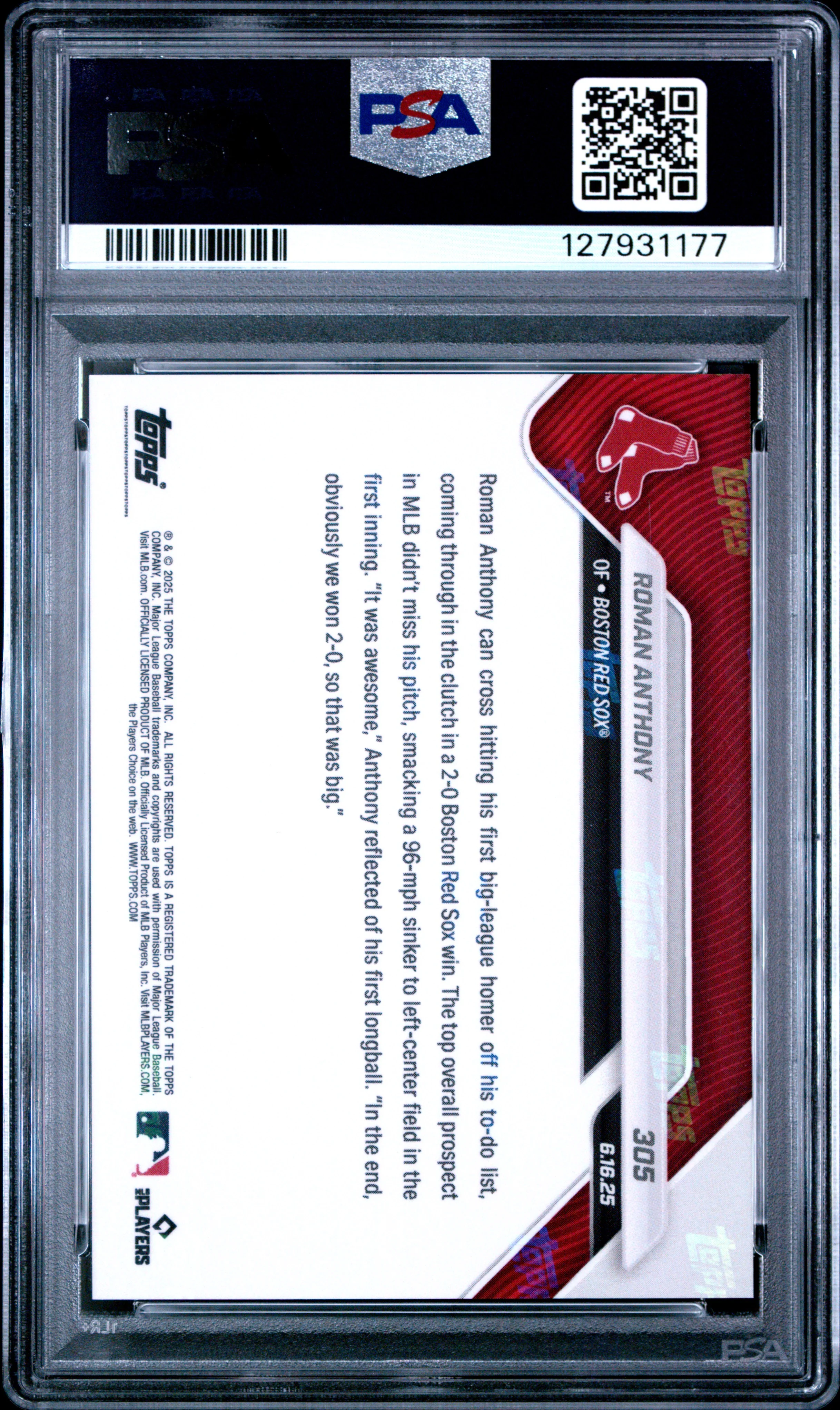 Roman Anthony 2025 Topps Now 1st Career Home Run Baseball Rookie Card #305 Graded PSA 10 Cert #127931177 - Image 2
