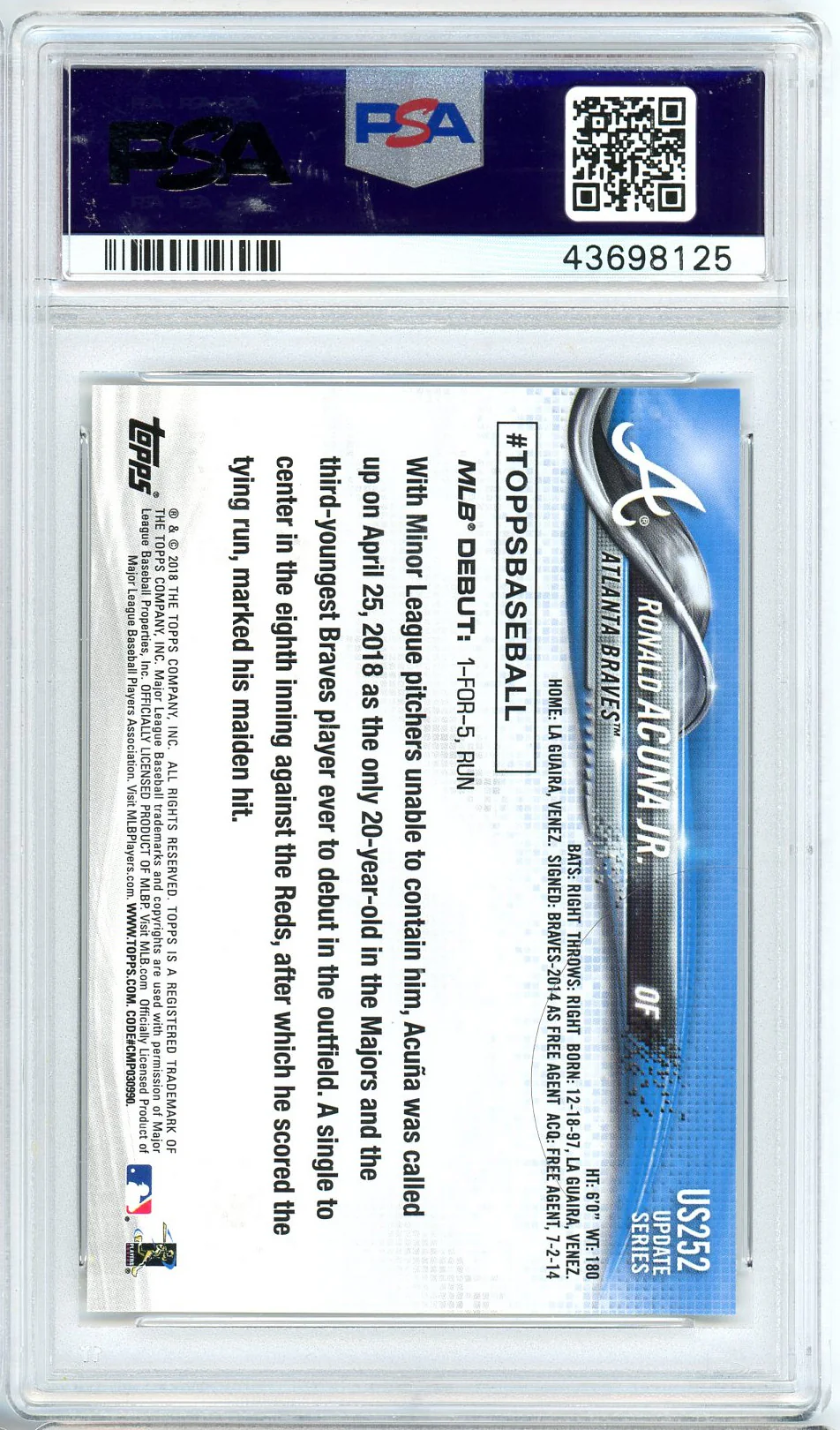 Ronald Acuna Jr MLB 2018 Topps Update Baseball Rookie Card RC #US252 Graded PSA 10 GEM MINT - Image 2
