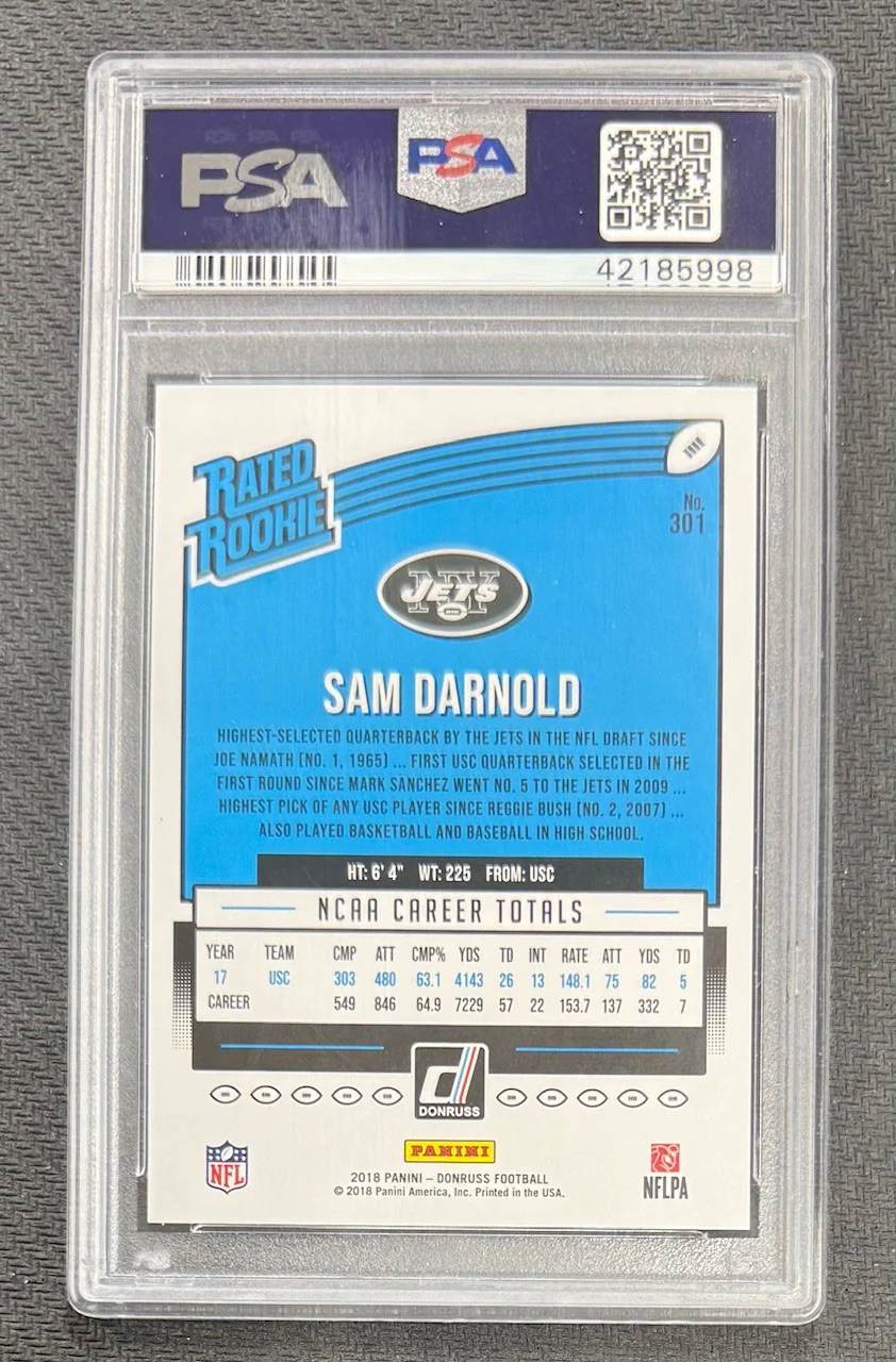 Sam Darnold 2018 Panini Donruss Football Rated Rookie Card #301 Graded PSA 10 Cert #42185998 - Image 2