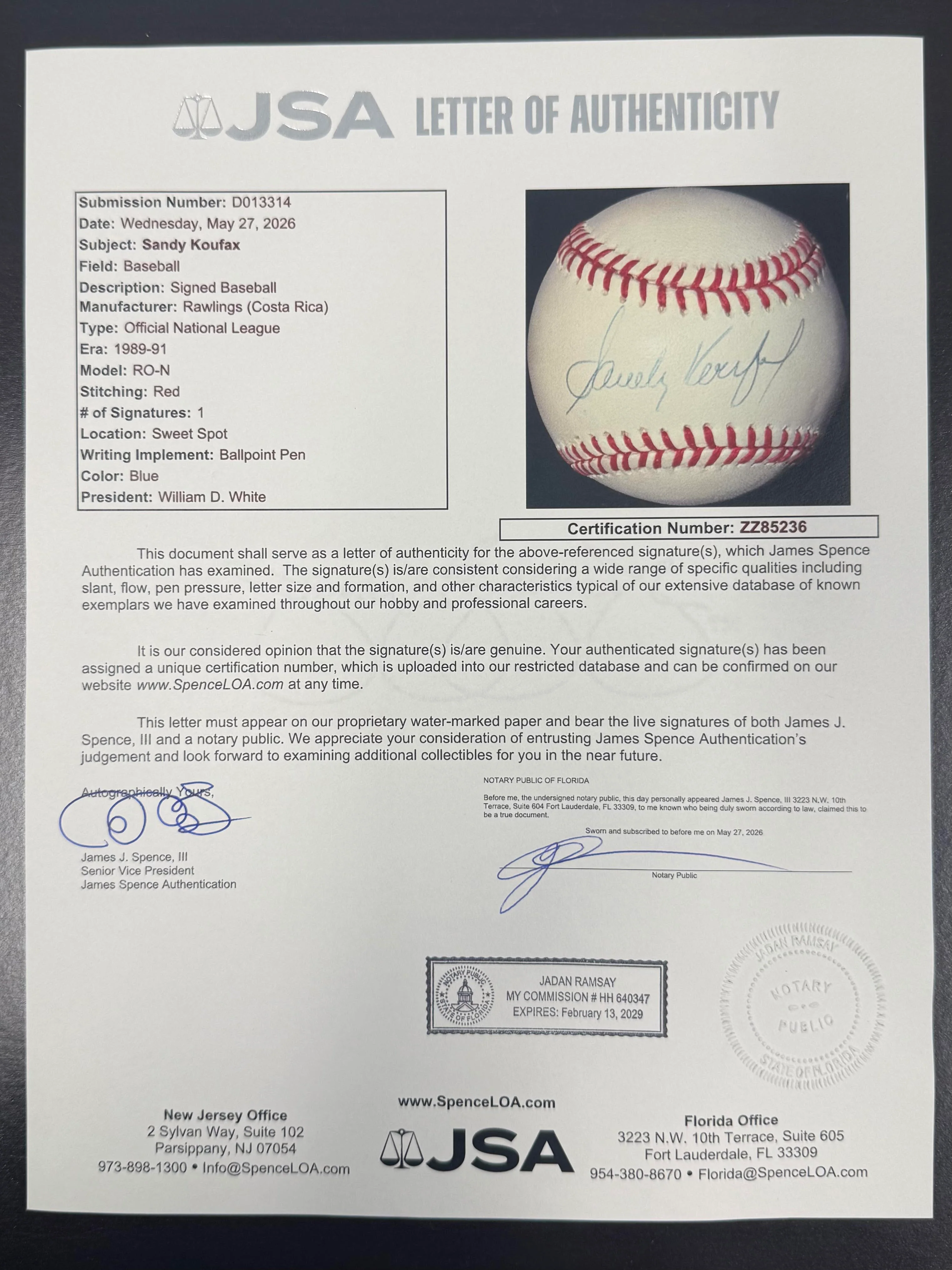 Sandy Koufax Autographed Los Angeles Dodgers Signed National League Baseball With UV Display Case JSA COA ZZ85236 - Image 3