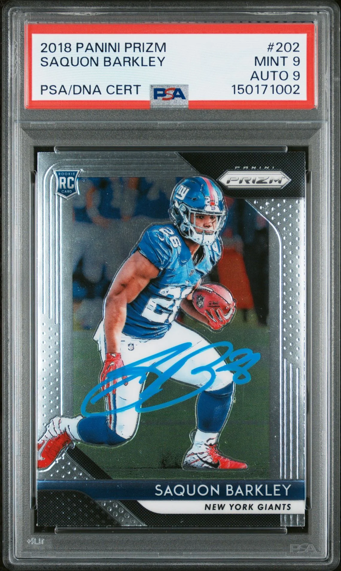 Saquon Barkley 2018 Panini Prizm New York Giants Signed Football RC Rookie Card #202 Graded PSA 9 Auto 9 Cert #150171002