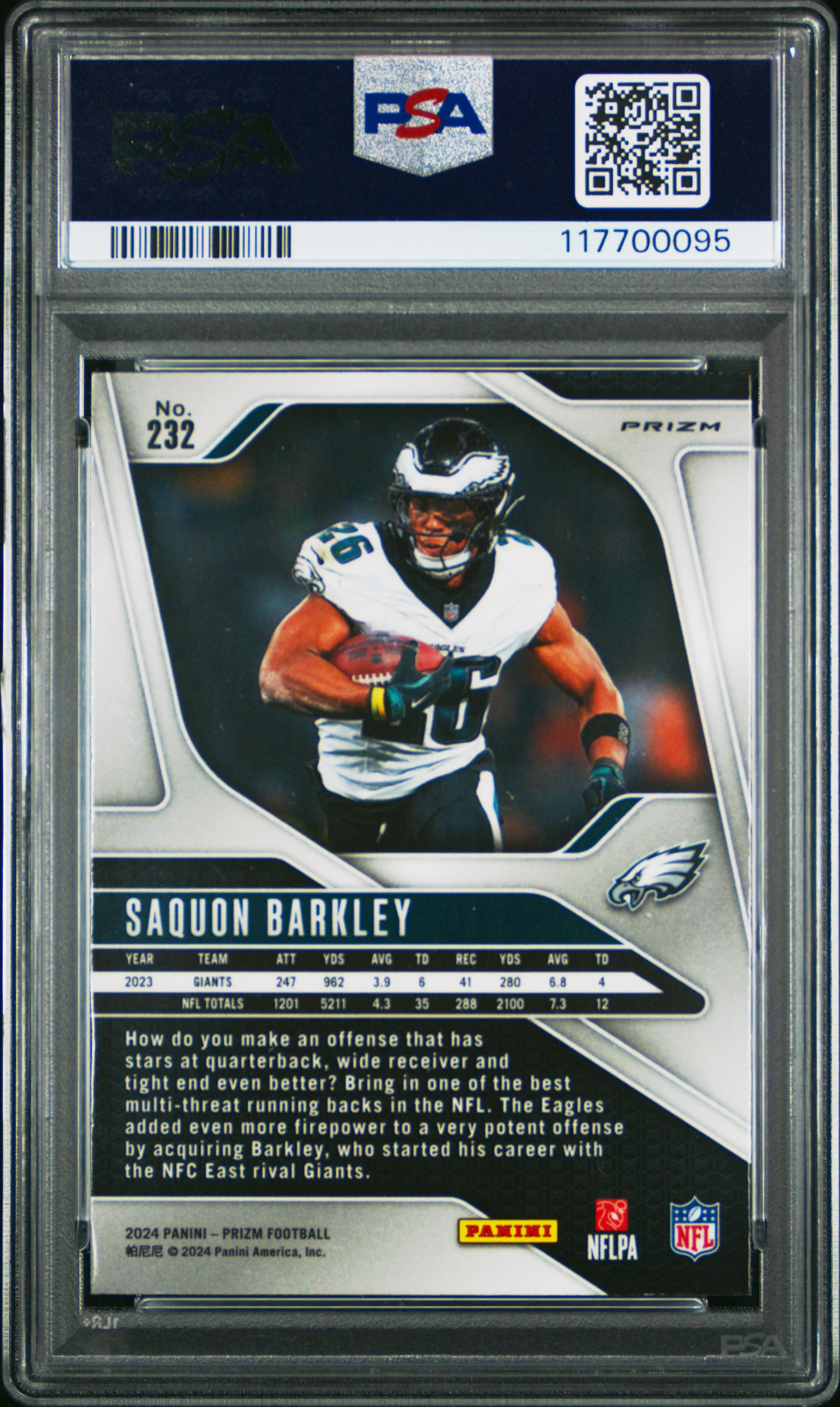 Saquon Barkley 2024 Panini Prizm Neon Green Pulsar Football Card #232 Graded PSA 10 Cert # 117700095 - Image 2