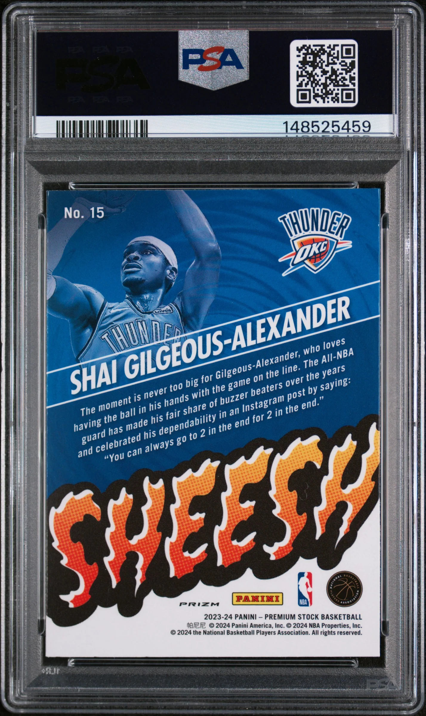 Shai Gilgeous-Alexander 2023 Hoops Premium Stock Sheesh Silver Prizm Basketball Card #15 Graded PSA 10 Cert #148525459 - Image 2