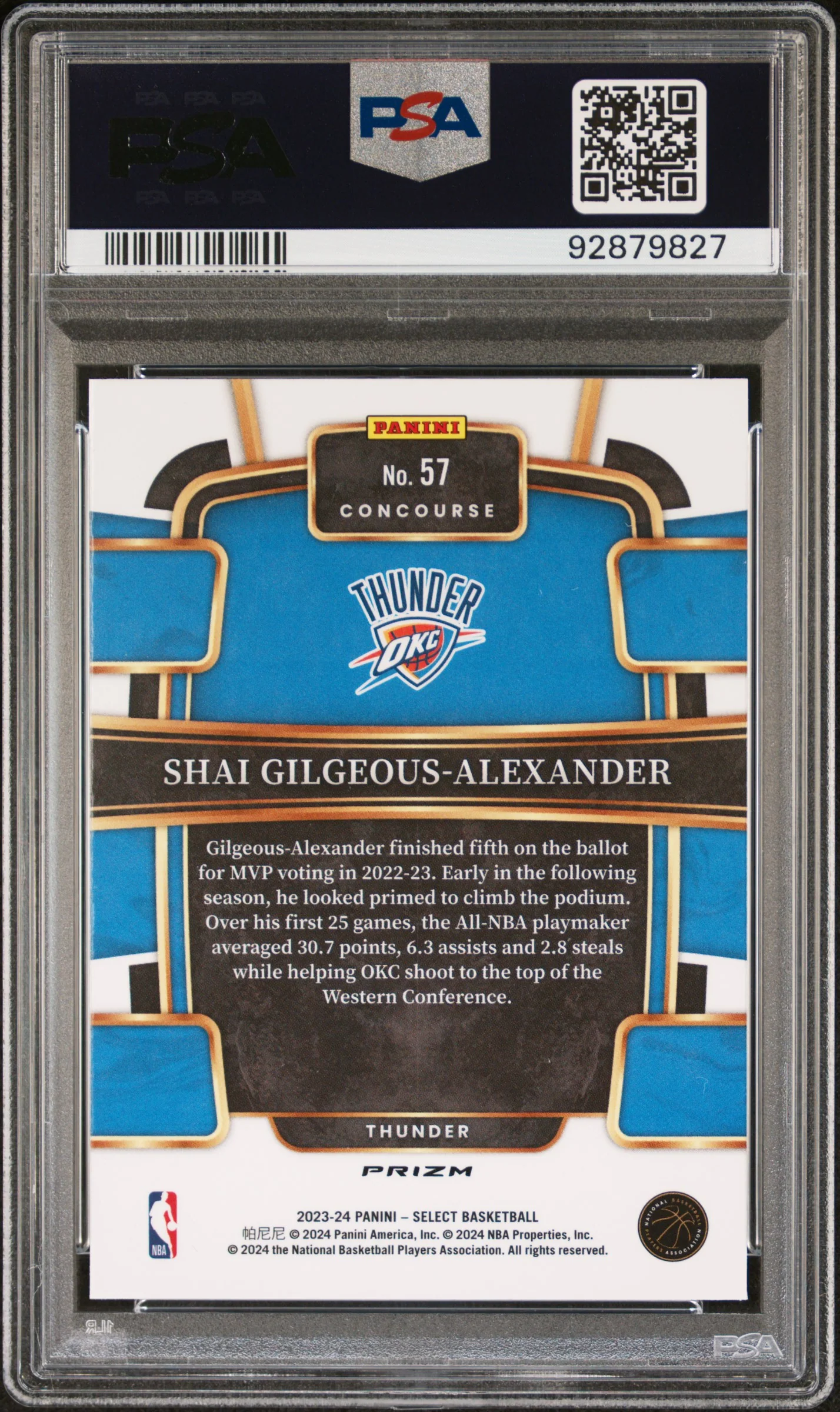 Shai Gilgeous-Alexander 2023 Panini Select Blue Prizm Basketball Card #57 Graded PSA 10 - Image 2