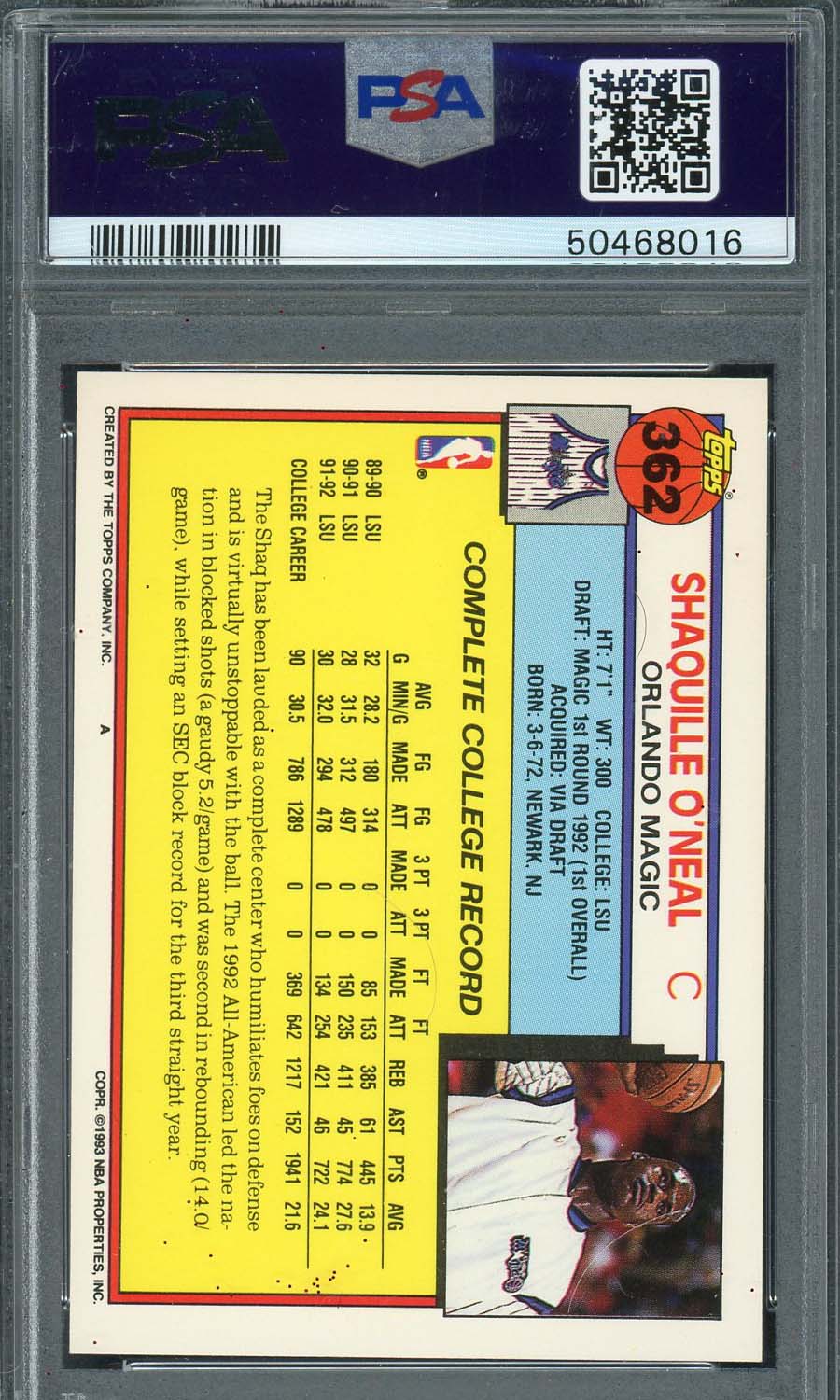 Shaquille O'Neal 1992 Topps Basketball Rookie Card #362 Graded PSA 9 - Image 2