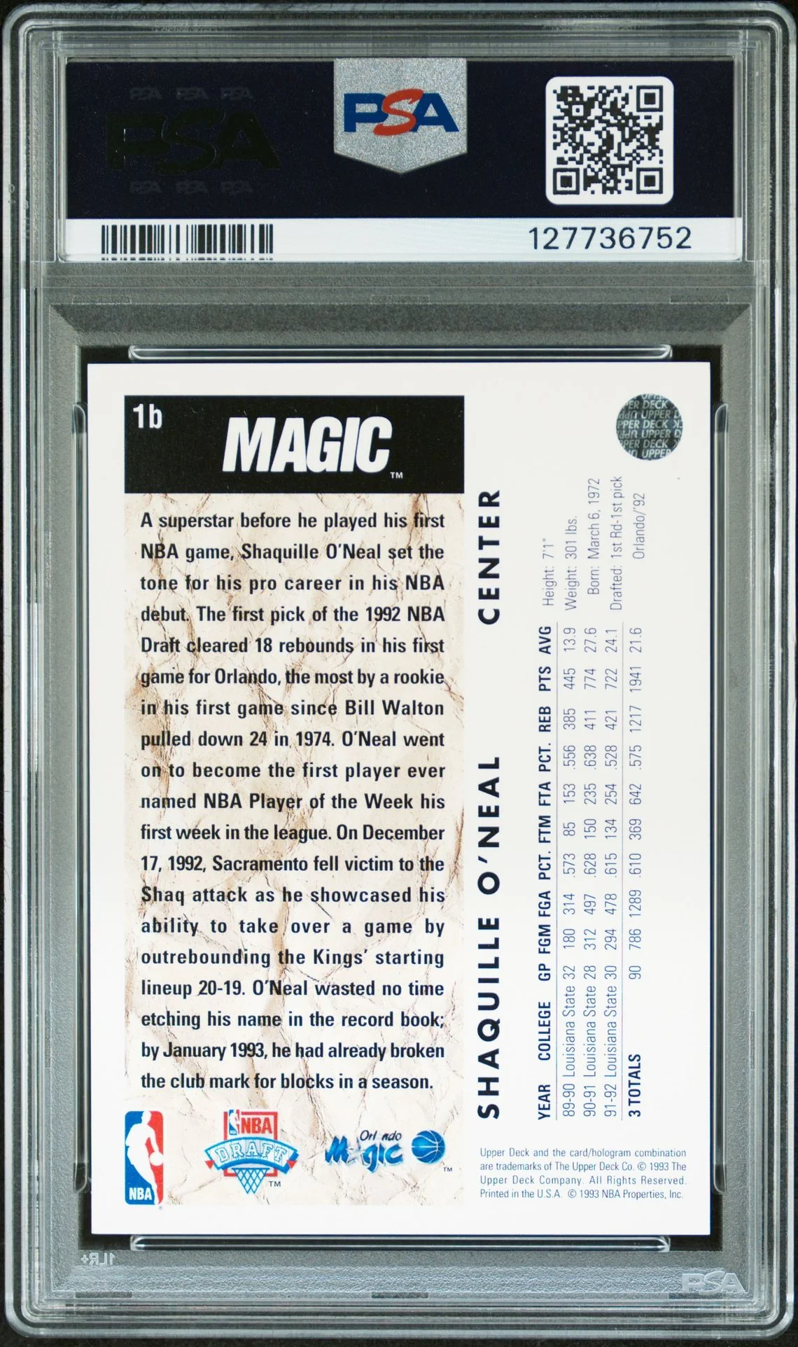 Shaquille O'Neal 1992 Upper Deck Trade Card Signed Basketball Rookie Card #1b Graded PSA 7 Auto 9 Cert #127736752 - Image 2