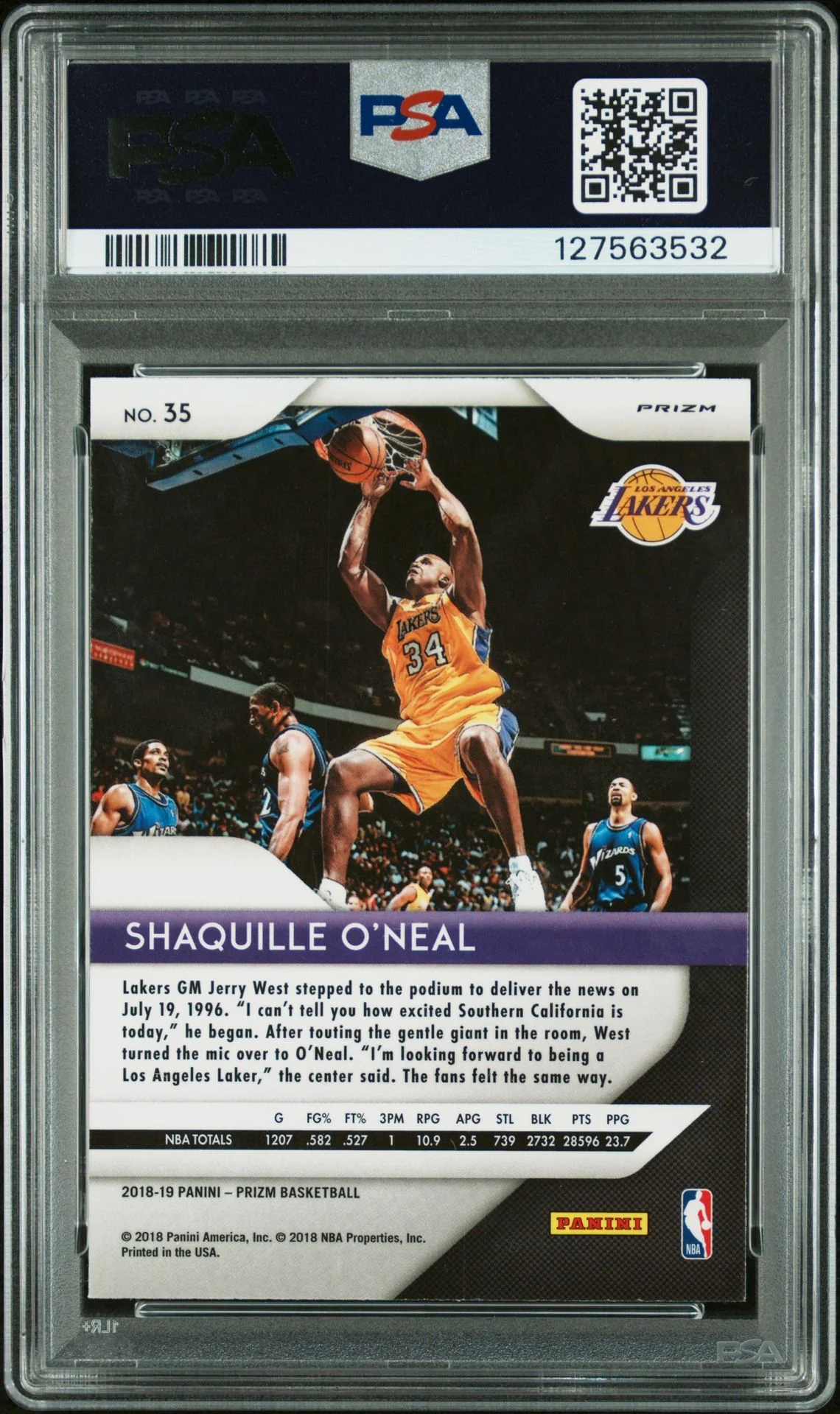 Shaquille O'Neal 2018 Panini Prizm Signed Basketball Card #35 Silver Prizm Graded PSA 9 Auto Auth Cert #127563532 - Image 2