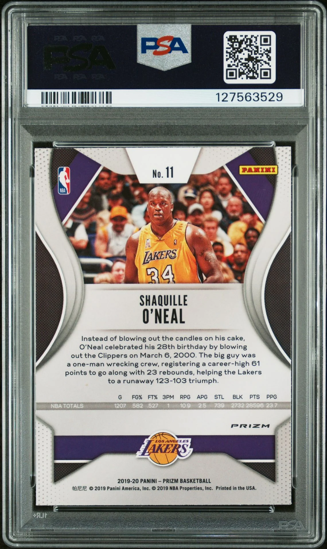Shaquille O'Neal 2019 Panini Prizm Signed Basketball Card #11 Purple Wave Graded PSA 6 Auto Auth Cert #127563529 - Image 2