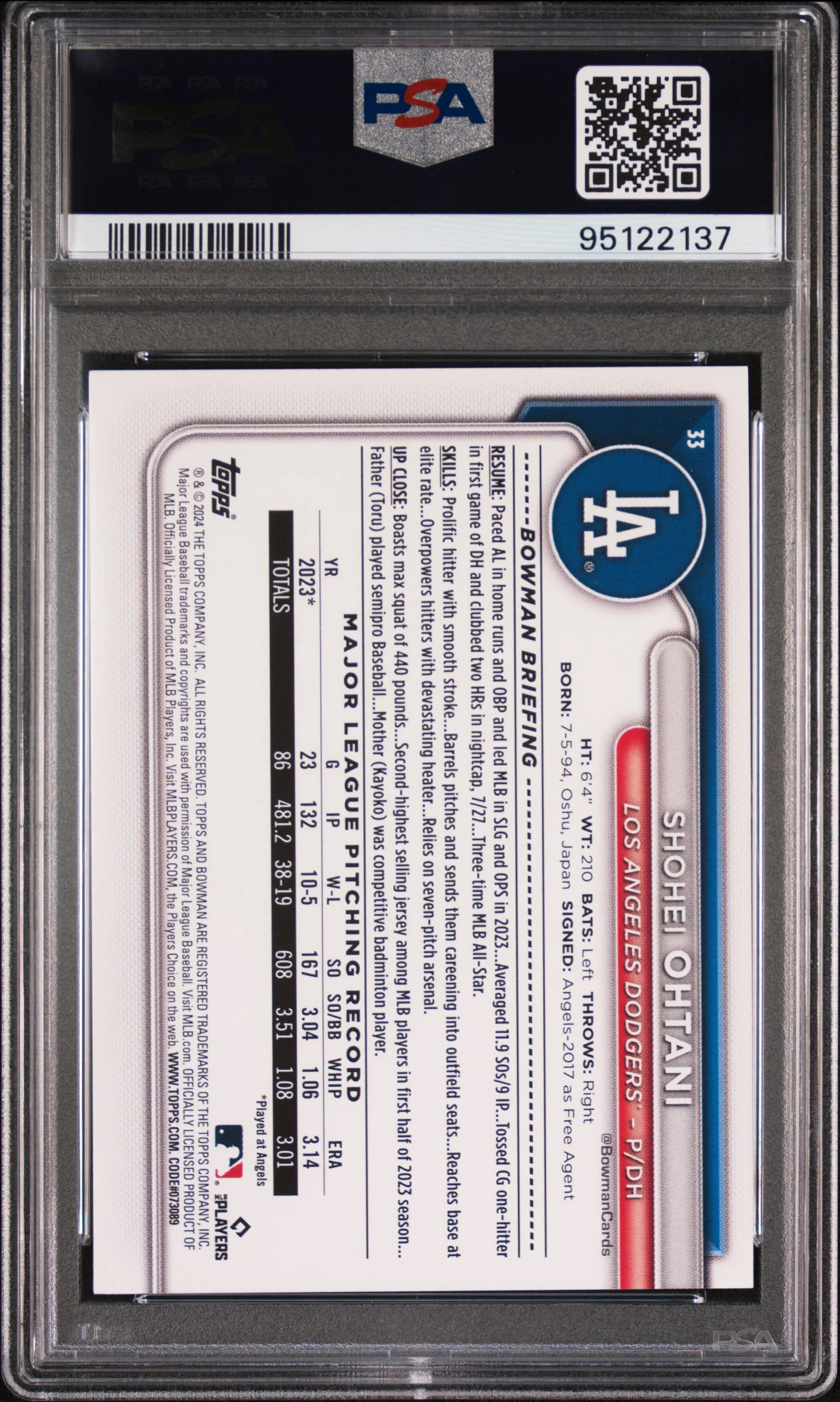 Shohei Ohtani 2024 Bowman Baseball Card #33 Graded PSA 10 Cert #95122137 - Image 2