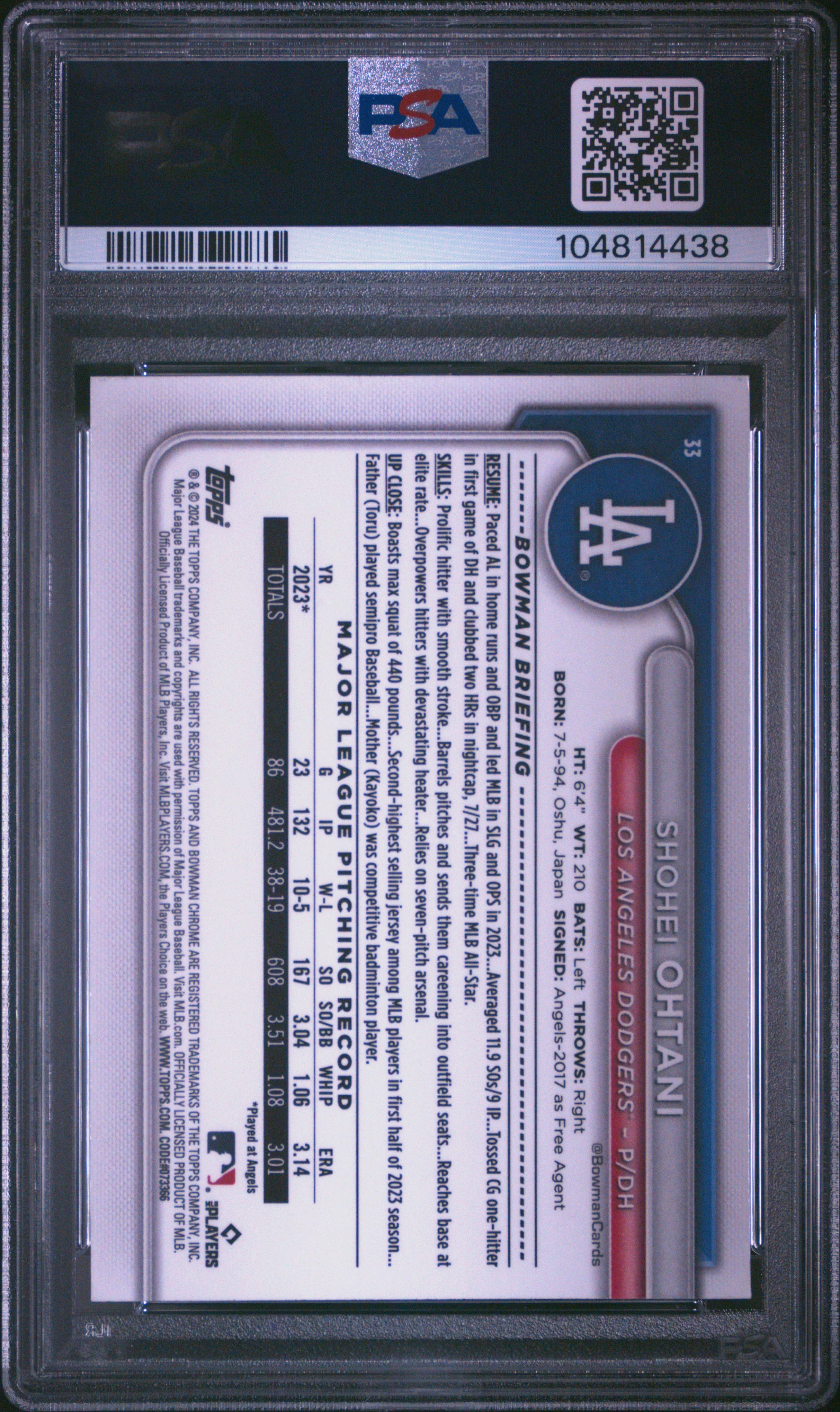 Shohei Ohtani 2024 Bowman Mega Box Chrome Baseball Card #33 Graded PSA 10 Cert #104814438 - Image 2
