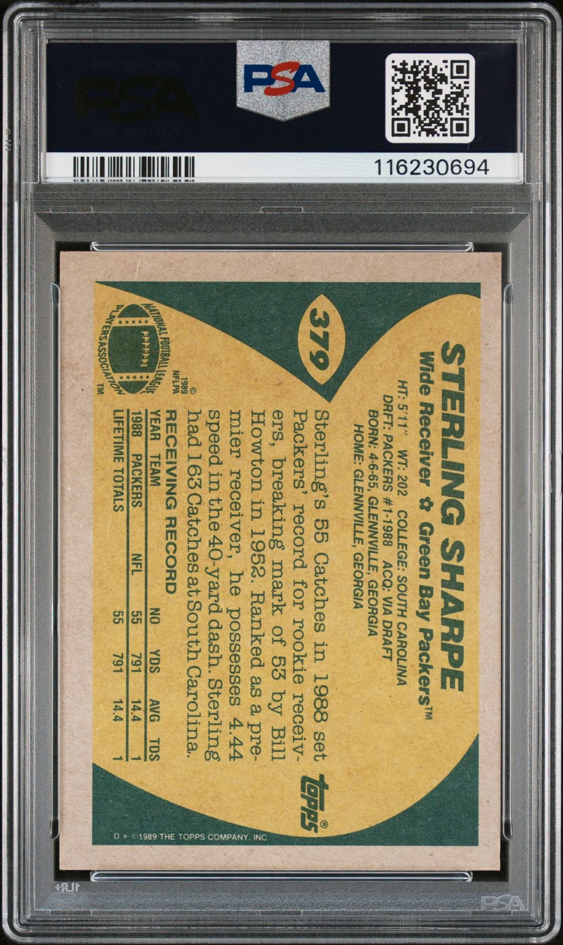 Sterling Sharpe 1989 Topps Signed Football Rookie Card #379 Auto Graded PSA 9 Cert # 116230694 - Image 2