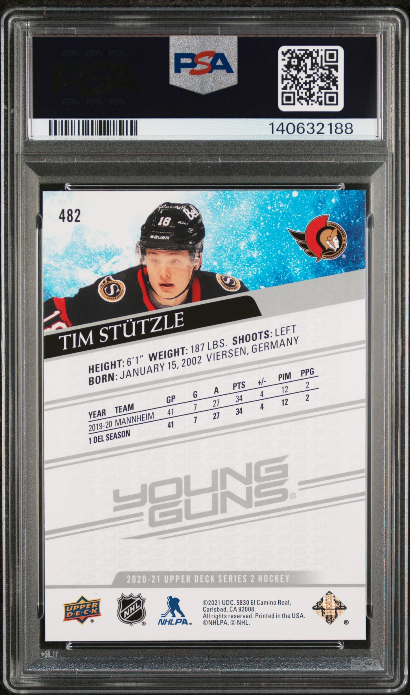 Tim Stutzle 2020 Upper Deck Young Guns Ottawa Senators Hockey RC Rookie Card #482 Graded PSA 10 Cert #140632188 - Image 2
