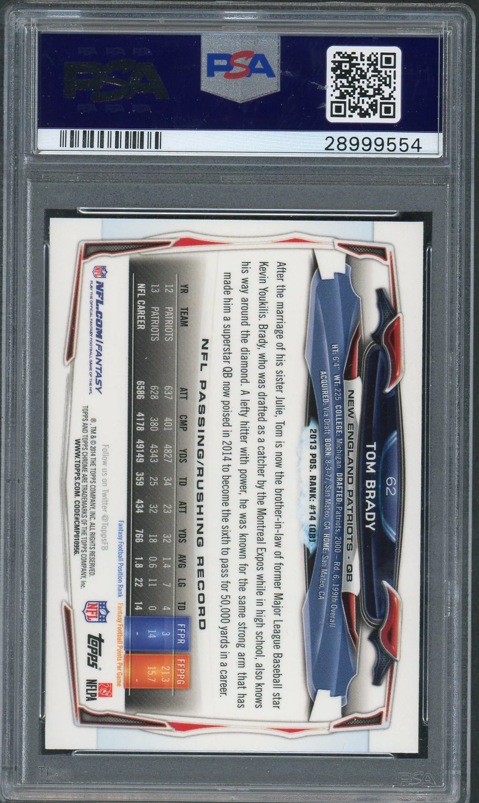 Tom Brady 2014 Topps Chrome Blue Jersey Football Card #62 Graded PSA 10 GEM MINT - Image 2