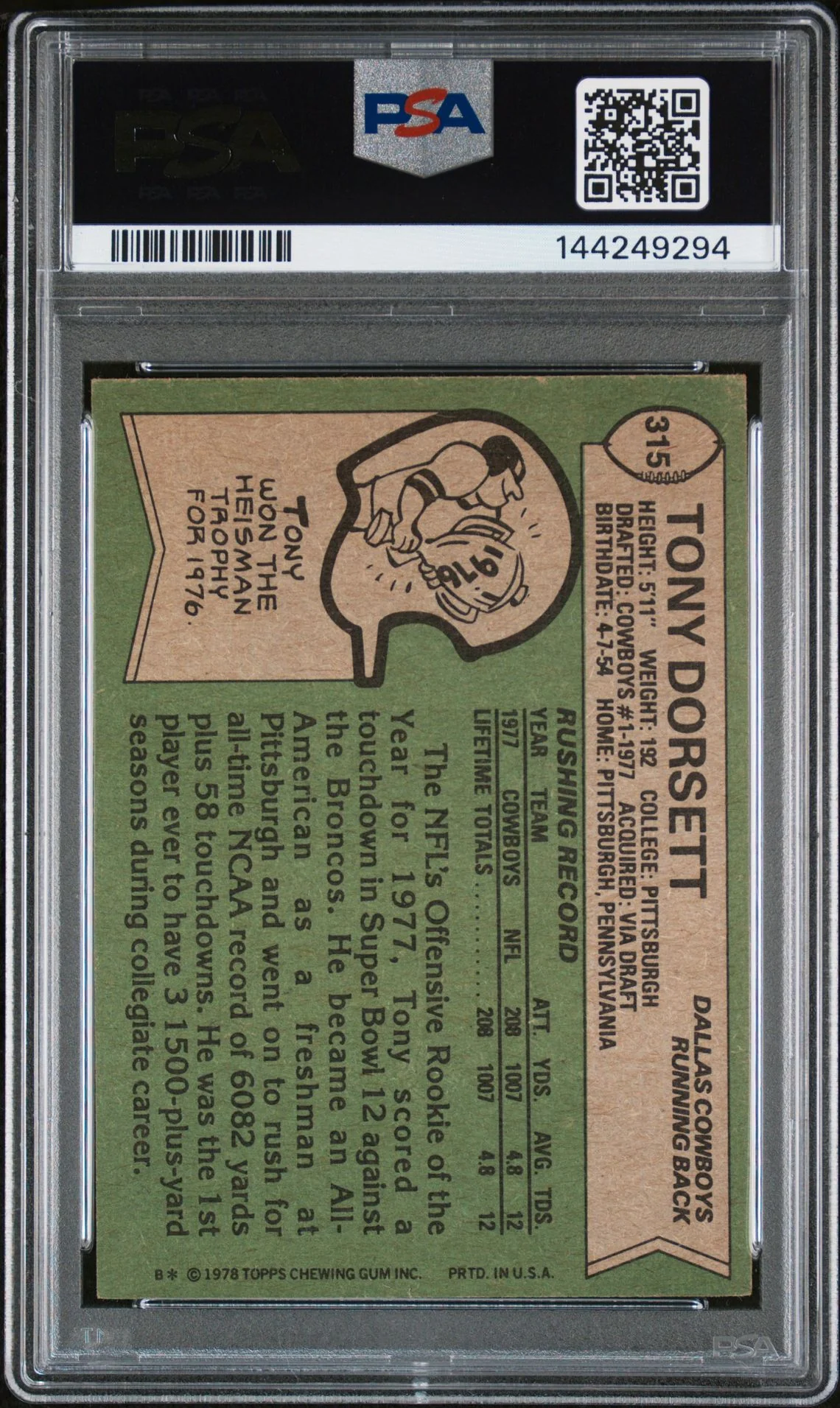 Tony Dorsett 1978 Topps Dallas Cowboys Signed Football RC Rookie Card #315 Graded PSA 4 Auto 10 Cert #144249294 - Image 2
