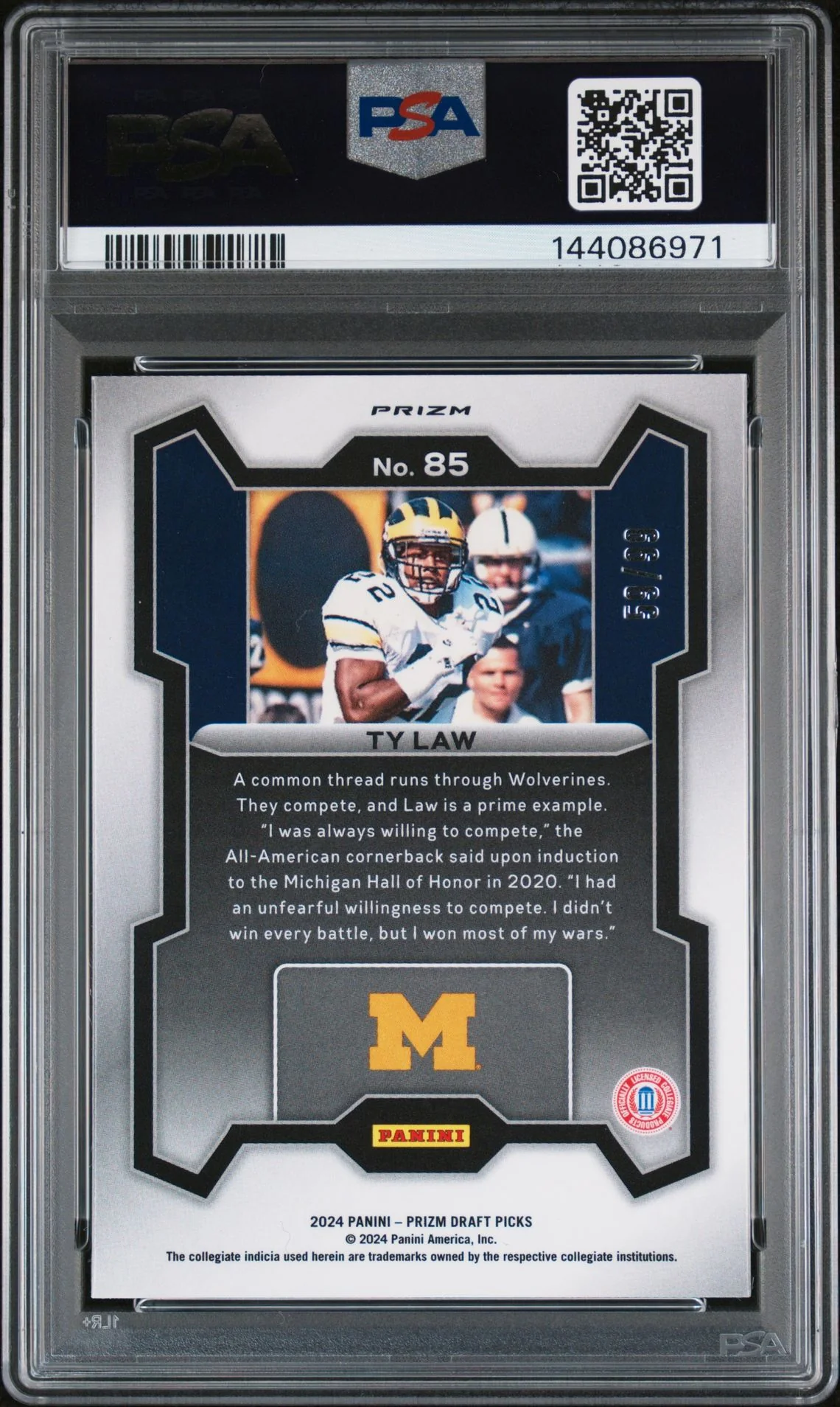 Ty Law 2024 Panini Prizm Draft Picks Michigan Wolverines Signed Football Card #85 Blue Ice Authentic Auto Graded PSA 10 Cert #144086971 59/99 - Image 2