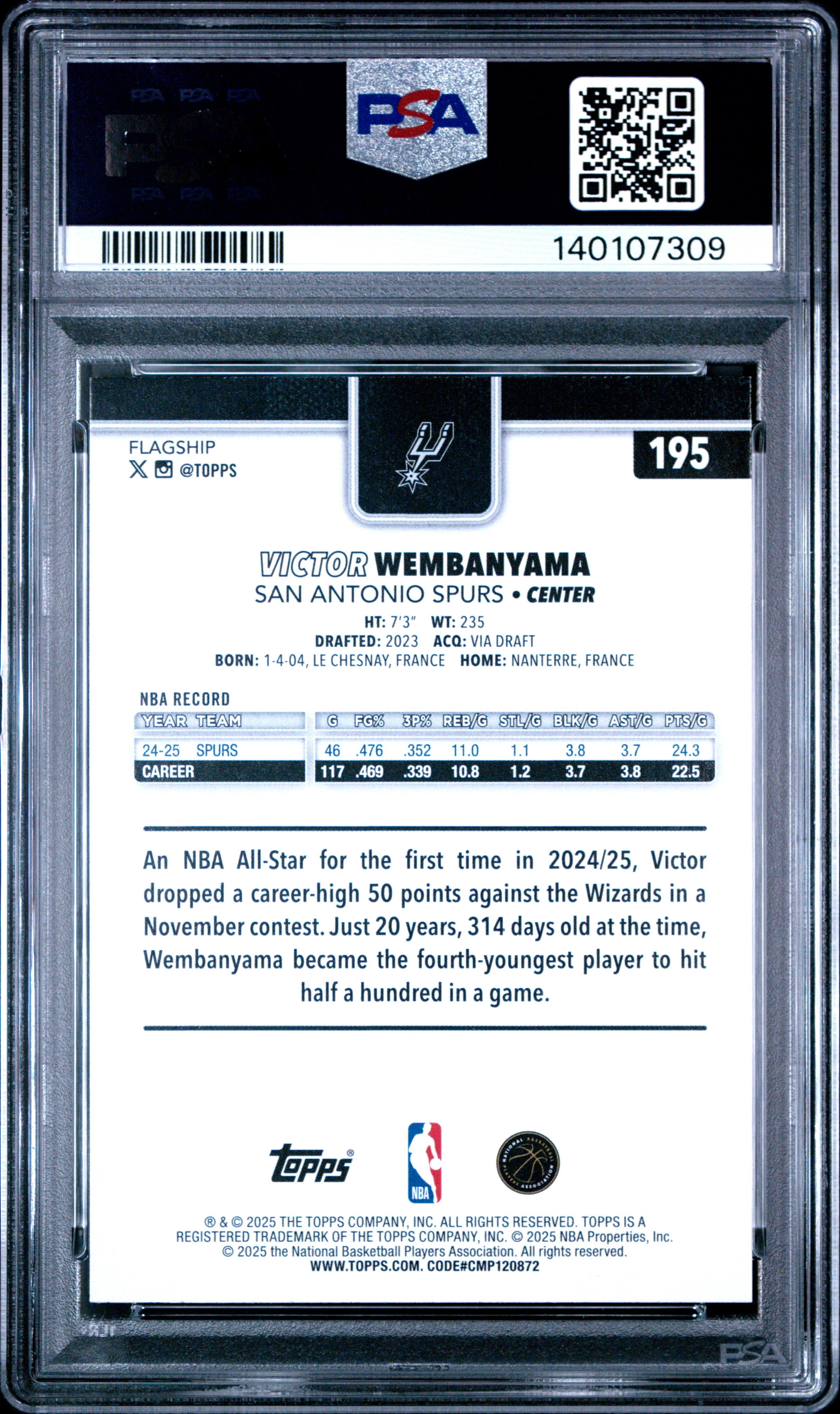 Victor Wembanyama 2025 Topps San Antonio Spurs Basketball Card #195 Graded PSA 10 Cert #140107309 - Image 2