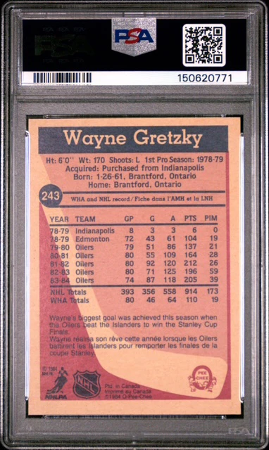 Wayne Gretzky 1984 O-Pee-Chee Edmonton Oilers Hockey Card #243 Graded PSA 7 Cert #150620771 - Image 2